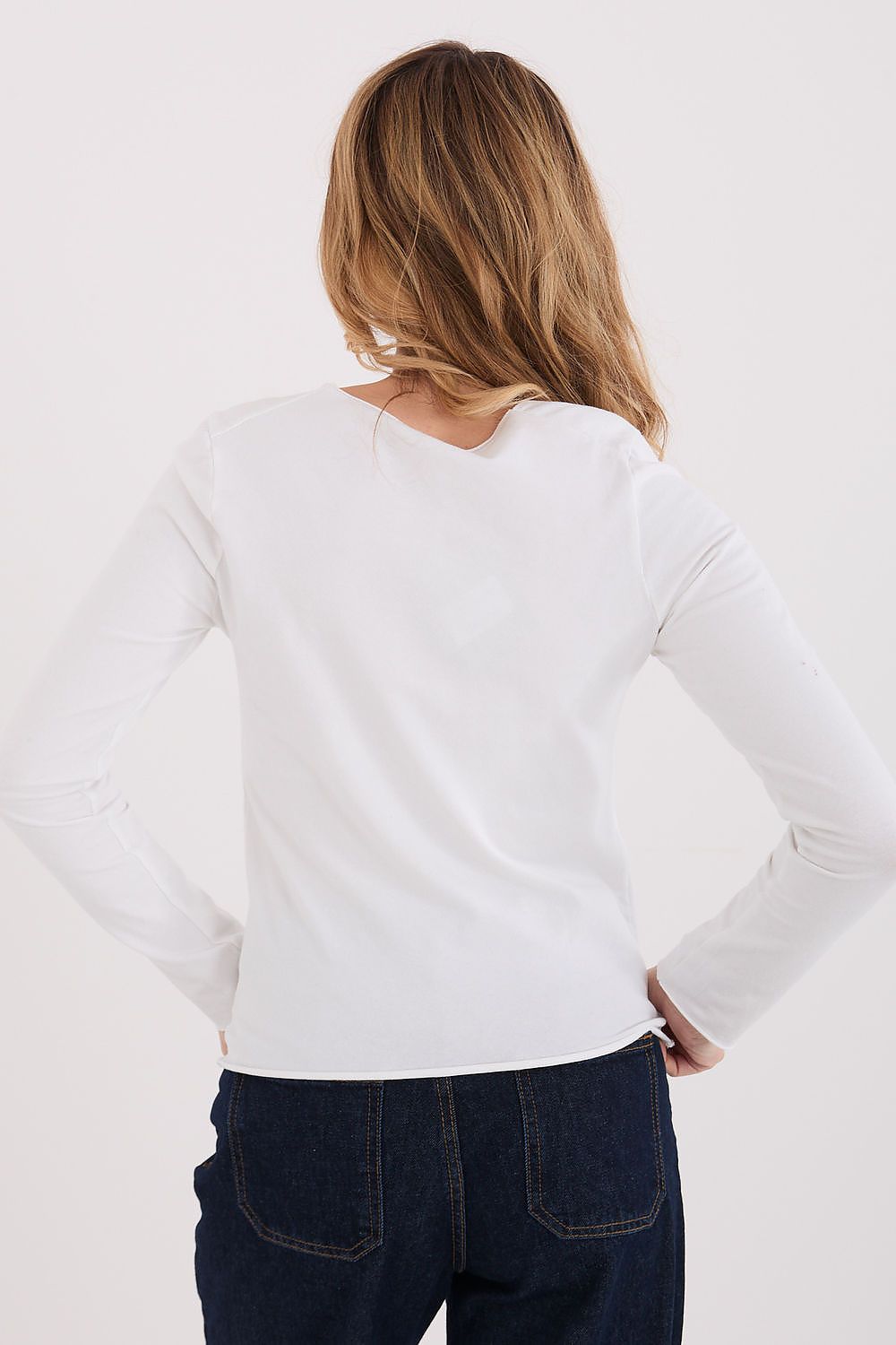 Damen Basic Shirt Baumwolle Langarm - Figurbetontes Shirt Runder Ausschnitt