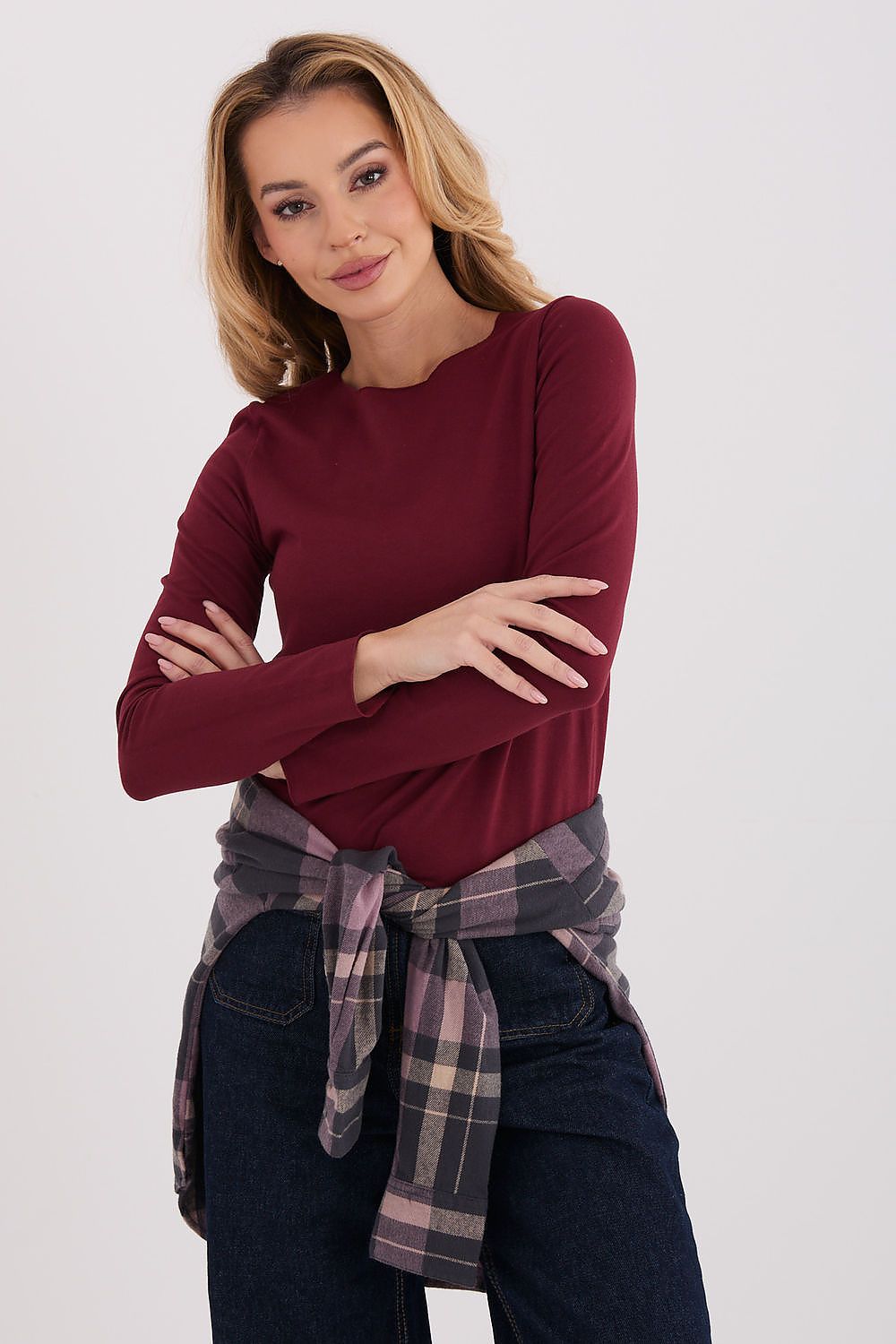 Damen Basic Shirt Baumwolle Langarm - Figurbetontes Shirt Runder Ausschnitt