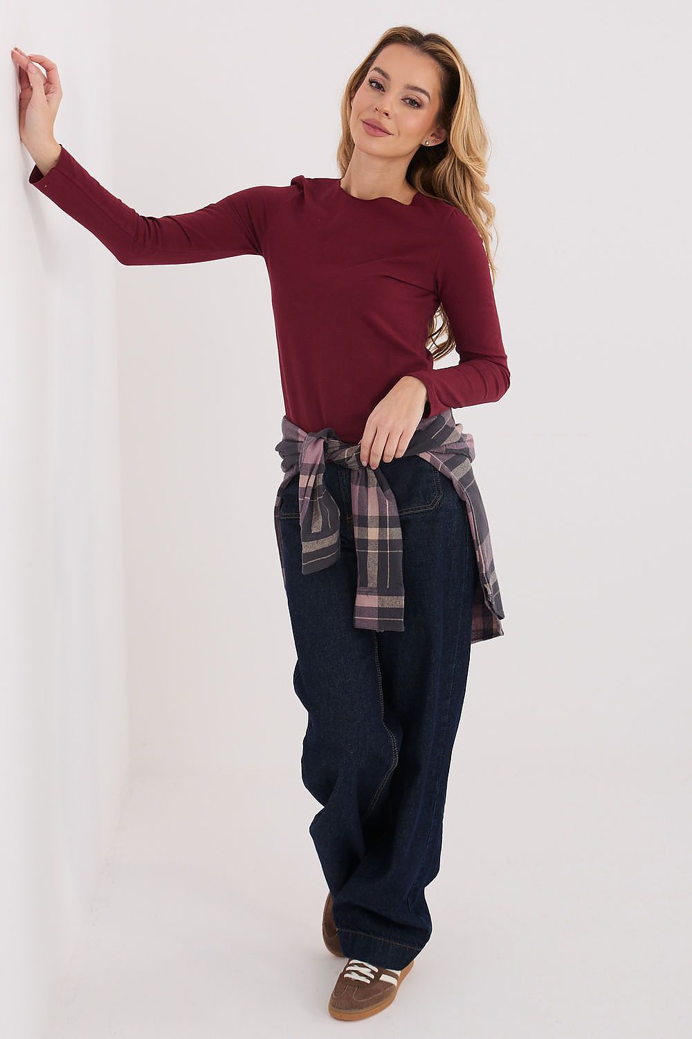 Damen Basic Shirt Baumwolle Langarm - Figurbetontes Shirt Runder Ausschnitt