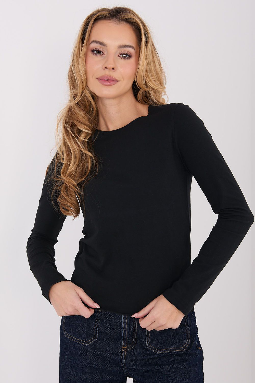 Damen Basic Shirt Baumwolle Langarm - Figurbetontes Shirt Runder Ausschnitt