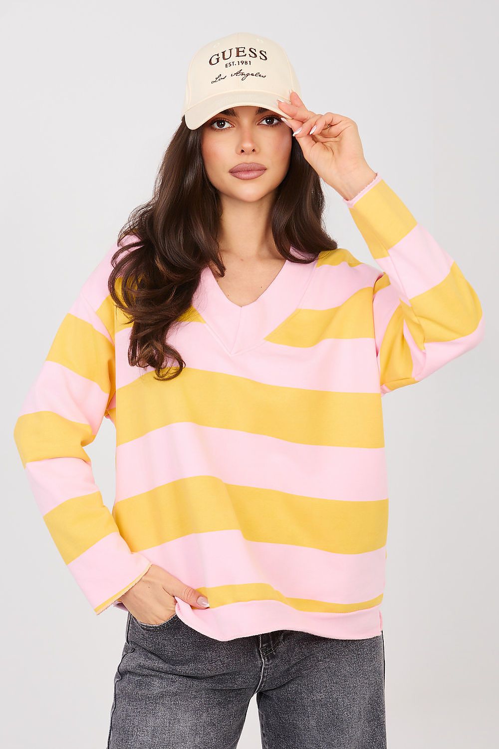 Damen Sweatshirt mit bunten Streifen & V-Ausschnitt – Lässig & Bequem