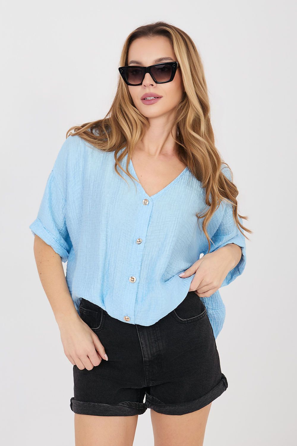 Kurzarm-Bluse Damen – Leichte Viskose-Bluse mit V-Ausschnitt