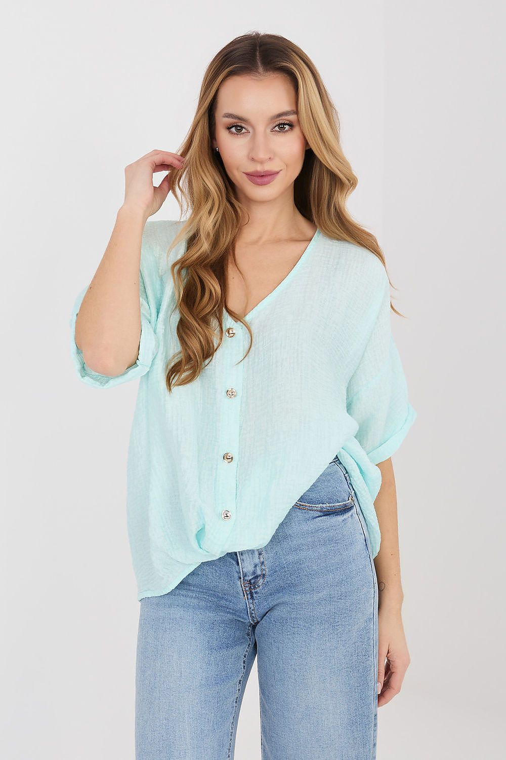 Kurzarm-Bluse Damen – Leichte Viskose-Bluse mit V-Ausschnitt