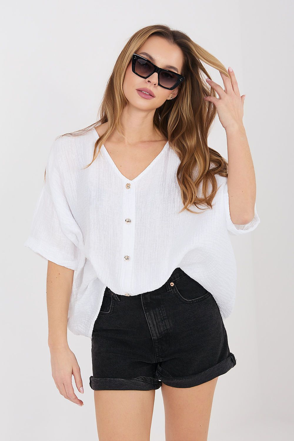 Kurzarm-Bluse Damen – Leichte Viskose-Bluse mit V-Ausschnitt