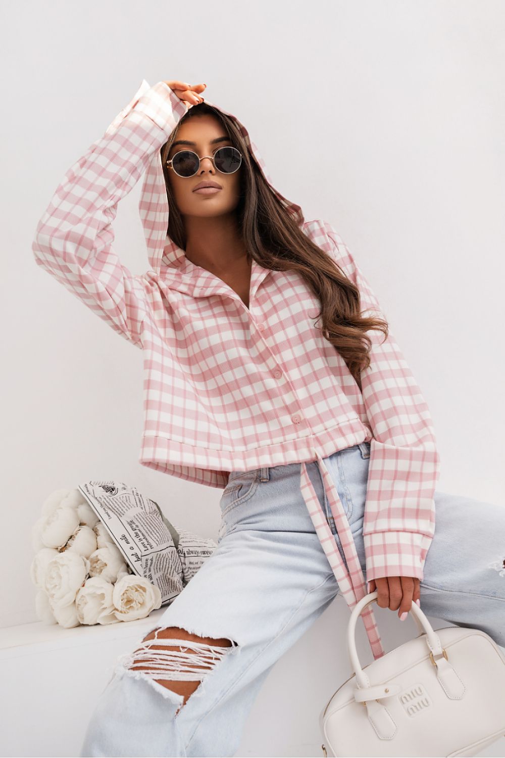 Langarmhemd Damen Baumwolle Beige Oversized Universalgröße