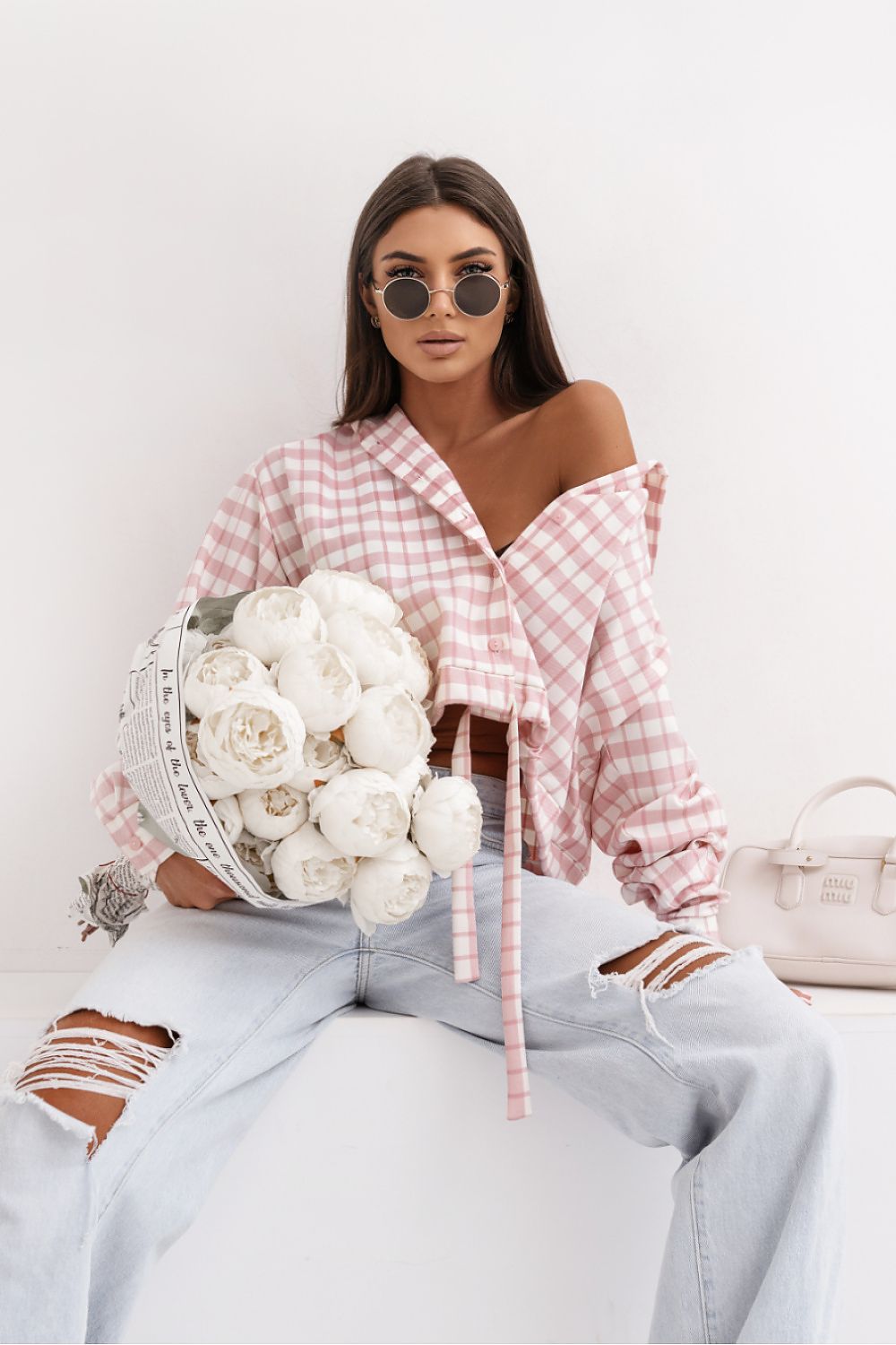 Langarmhemd Damen Baumwolle Beige Oversized Universalgröße