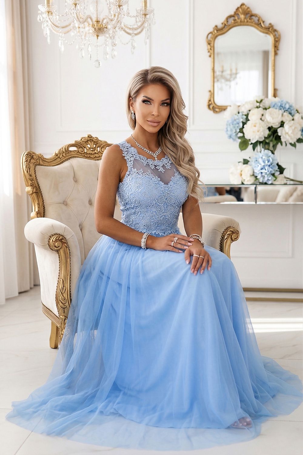 Damen Maxikleid Spitze Tüll Gürtel Rückenausschnitt
