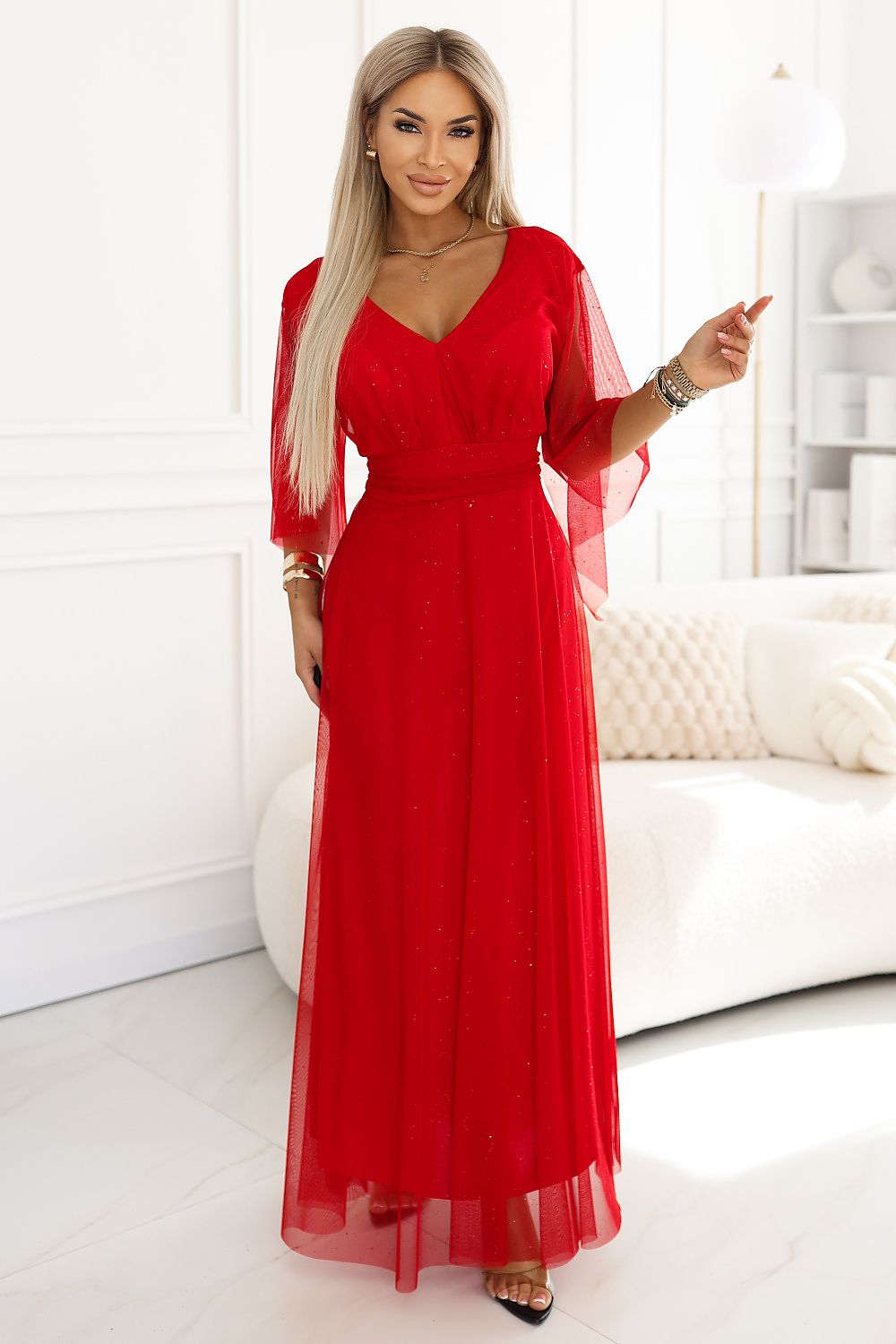 Damen Abendkleid Brokat Schmetterlingsärmel Gürtel Maxi
