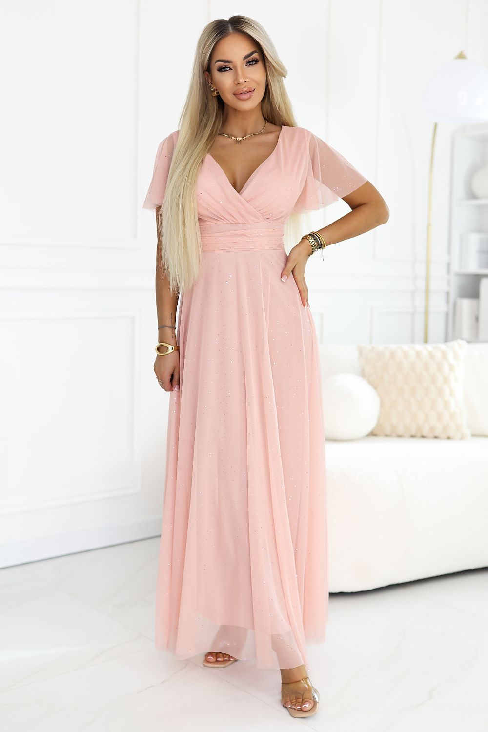 Damen Maxikleid Glänzend V-Ausschnitt Festlich