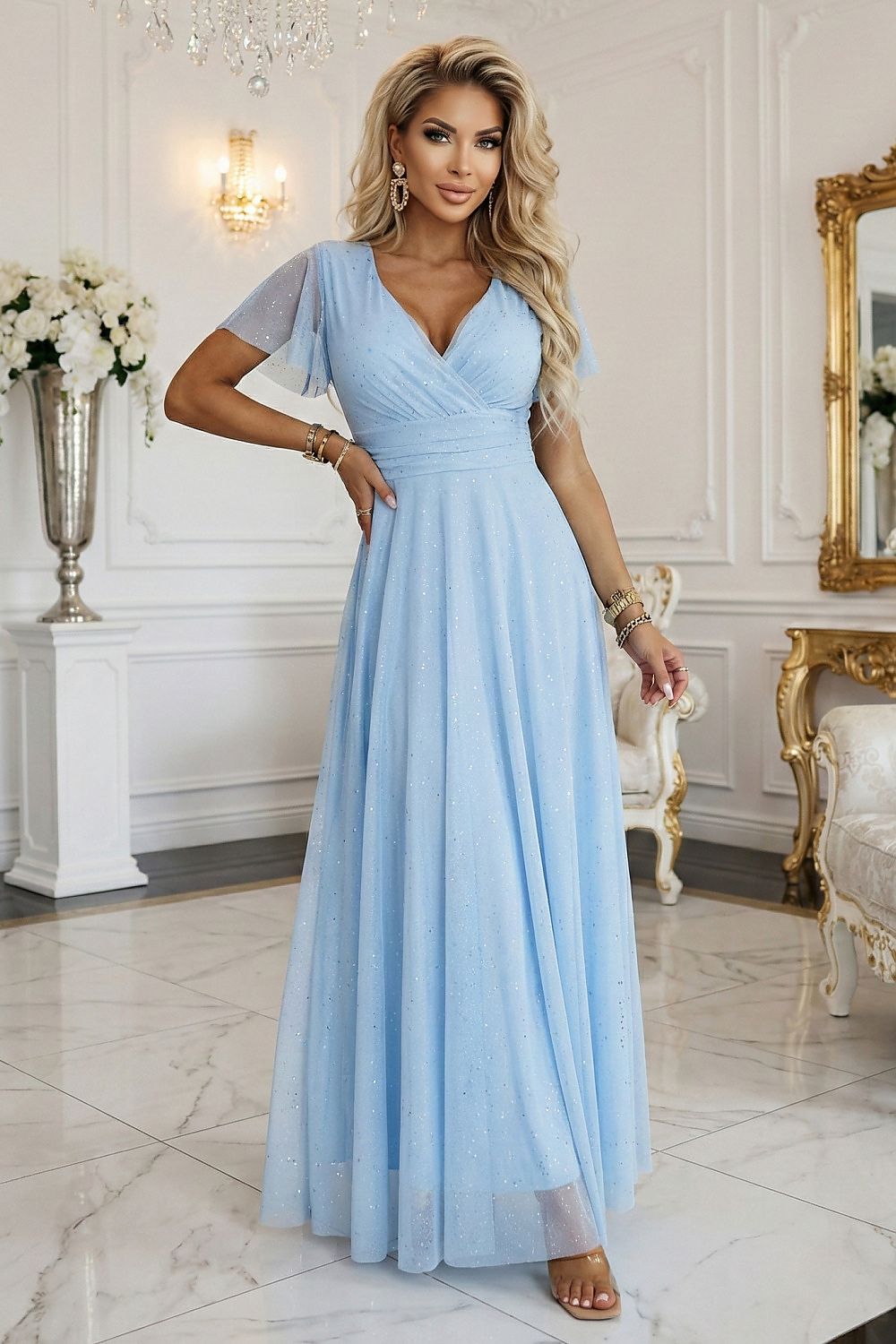 Damen Maxikleid Glänzend V-Ausschnitt Festlich