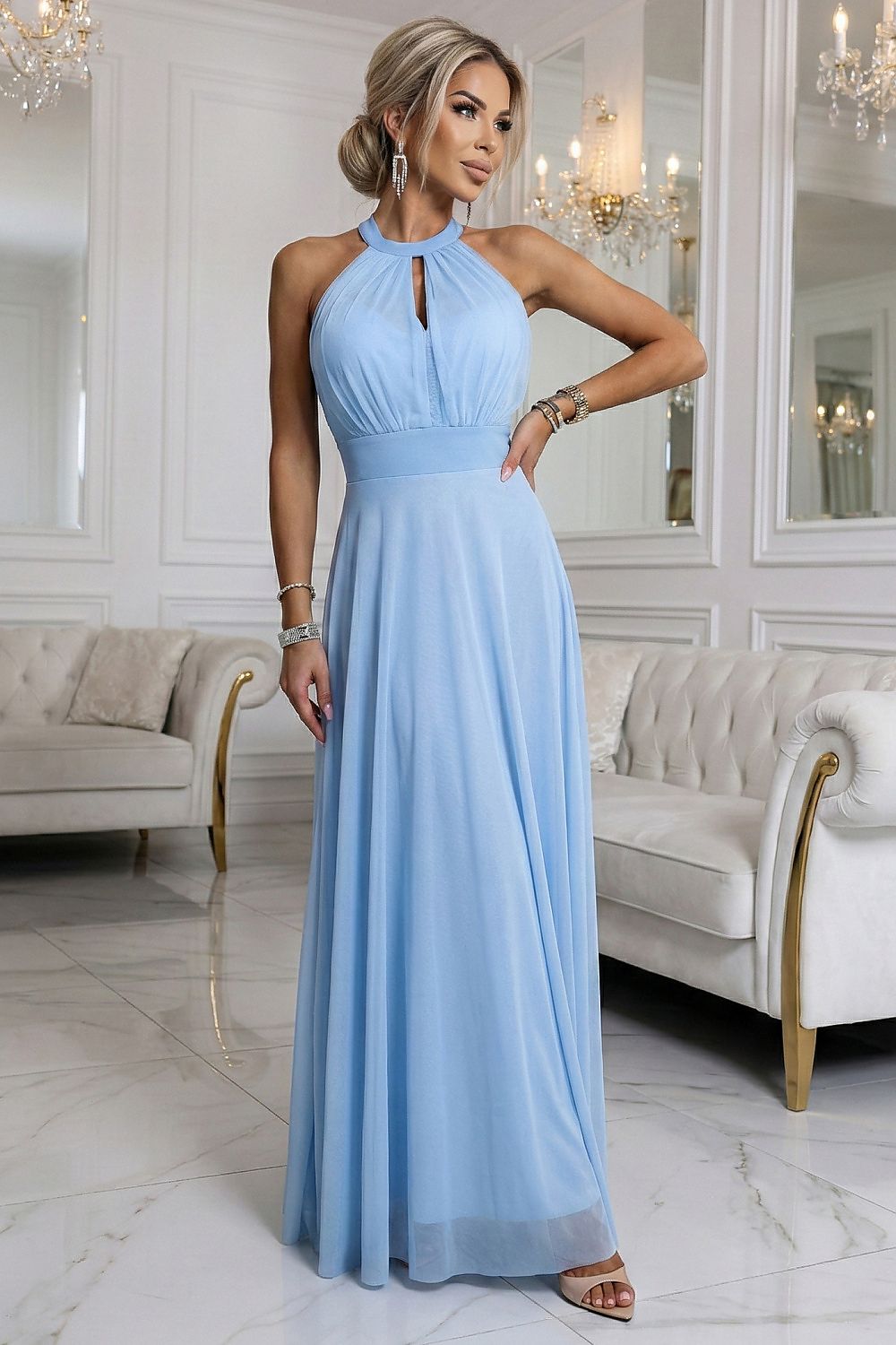 Damen Maxikleid Halter Raffung Gürtel Fließend