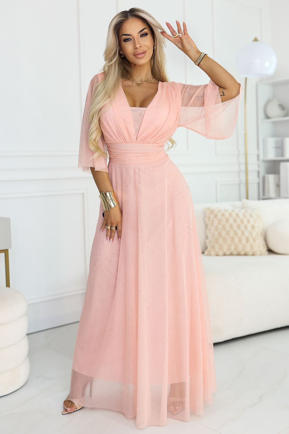 Damen Maxikleid Plus Size Tüllärmel Wickelausschnitt