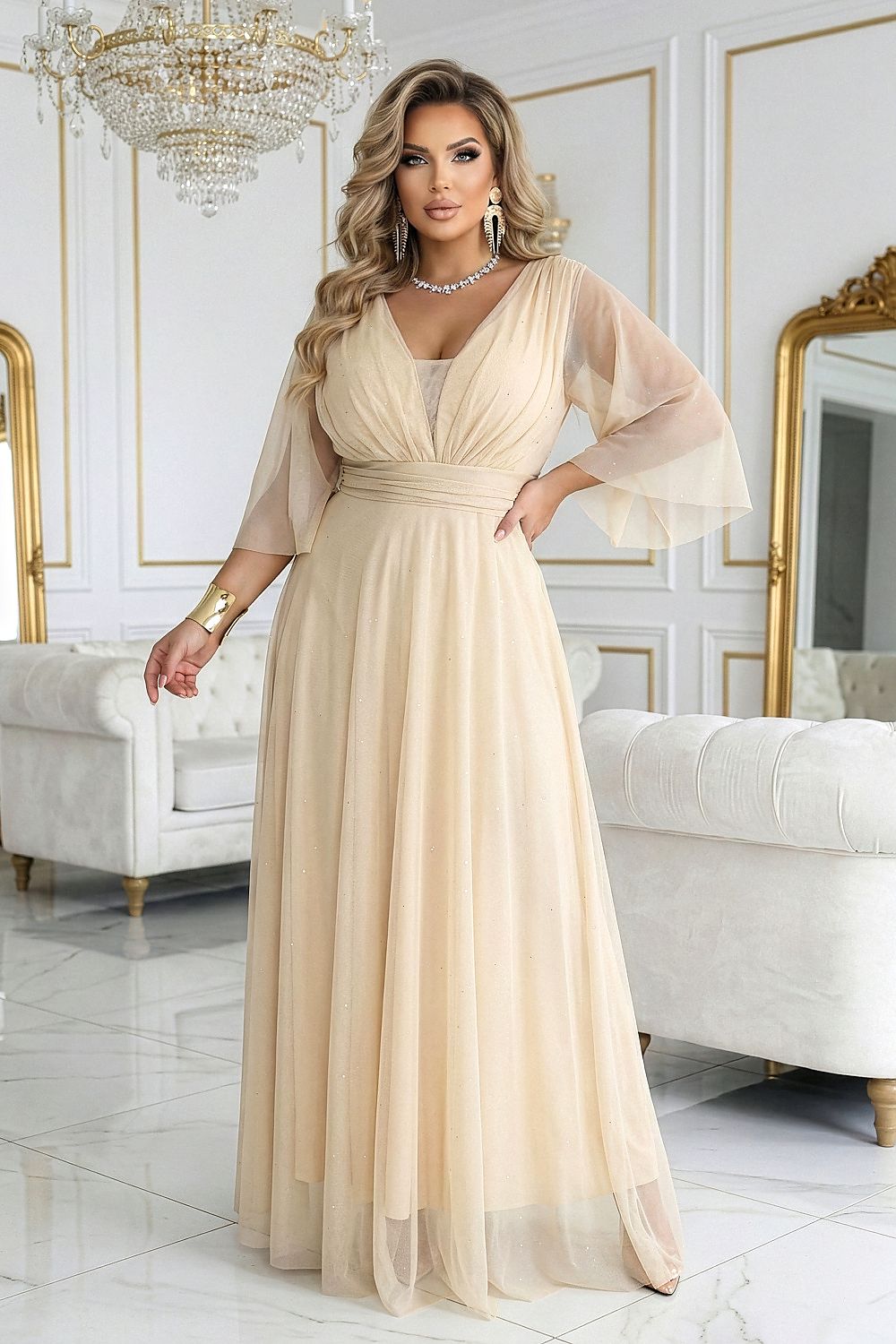 Damen Maxikleid Plus Size Tüllärmel Wickelausschnitt