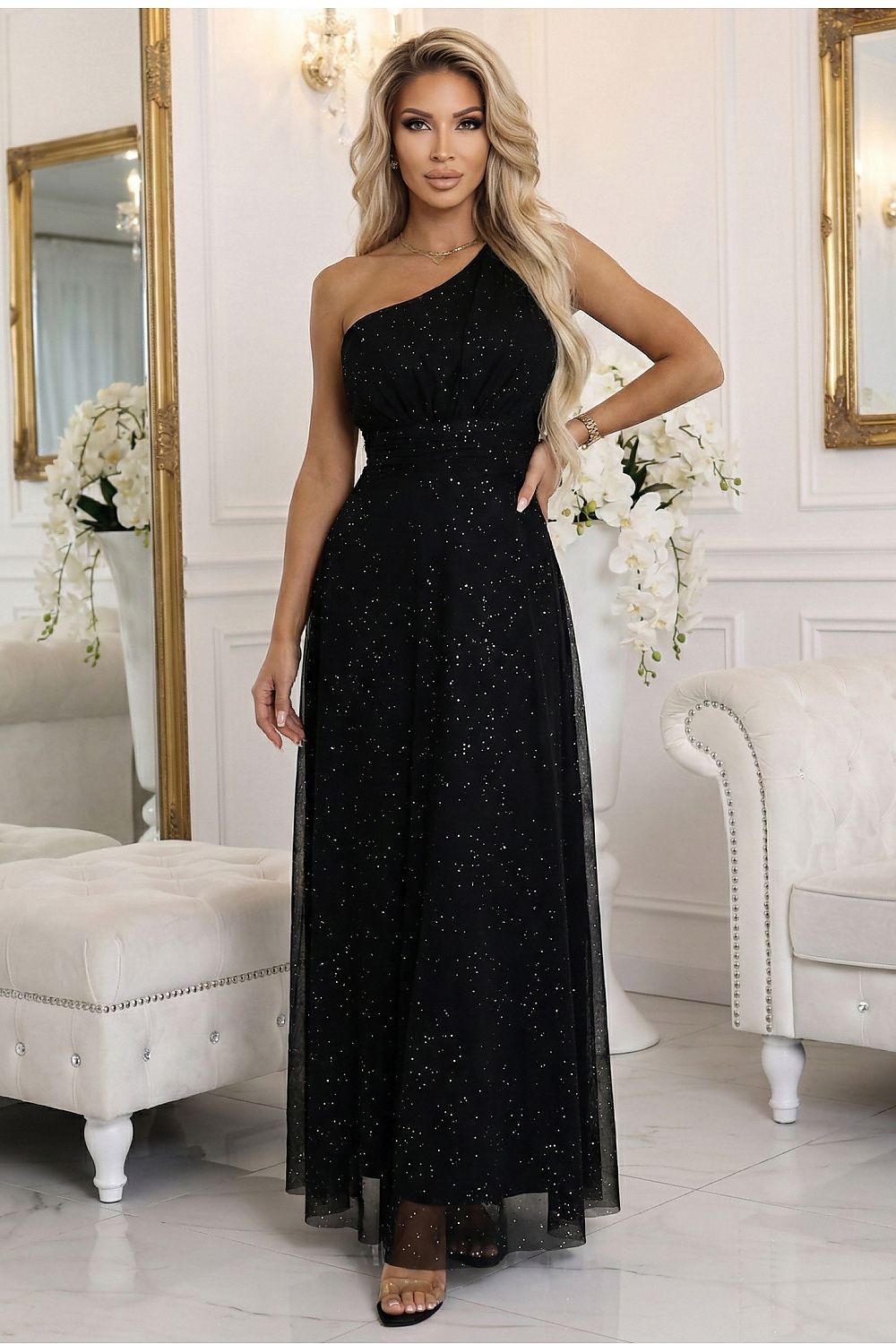 Damen Maxikleid One-Shoulder Gürtel Abend