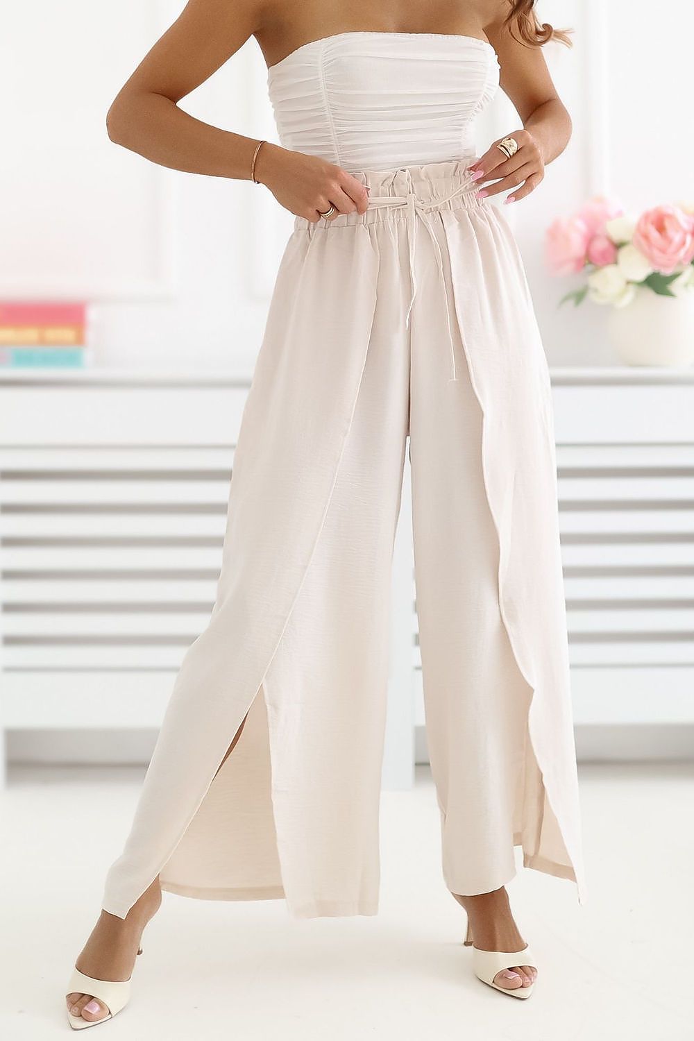 Wide Leg Hose Damen Schlitz Gürtel Viskose Beige