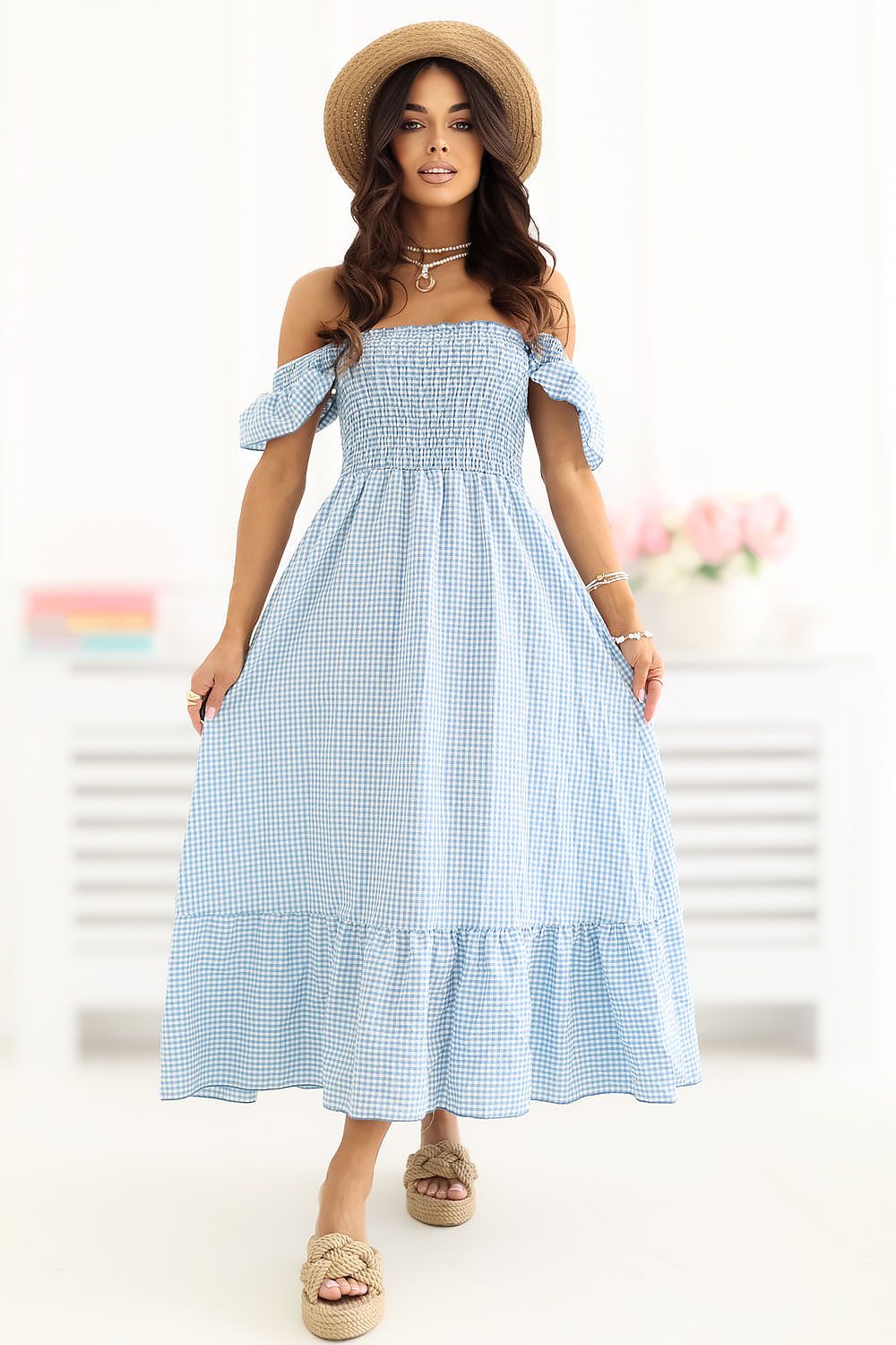 Alltagskleid Damen Midi Spanischer Ausschnitt Sommerkleid