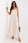Boho Maxikleid Damen Träger Perlen Baumwolle Beige Schwarz