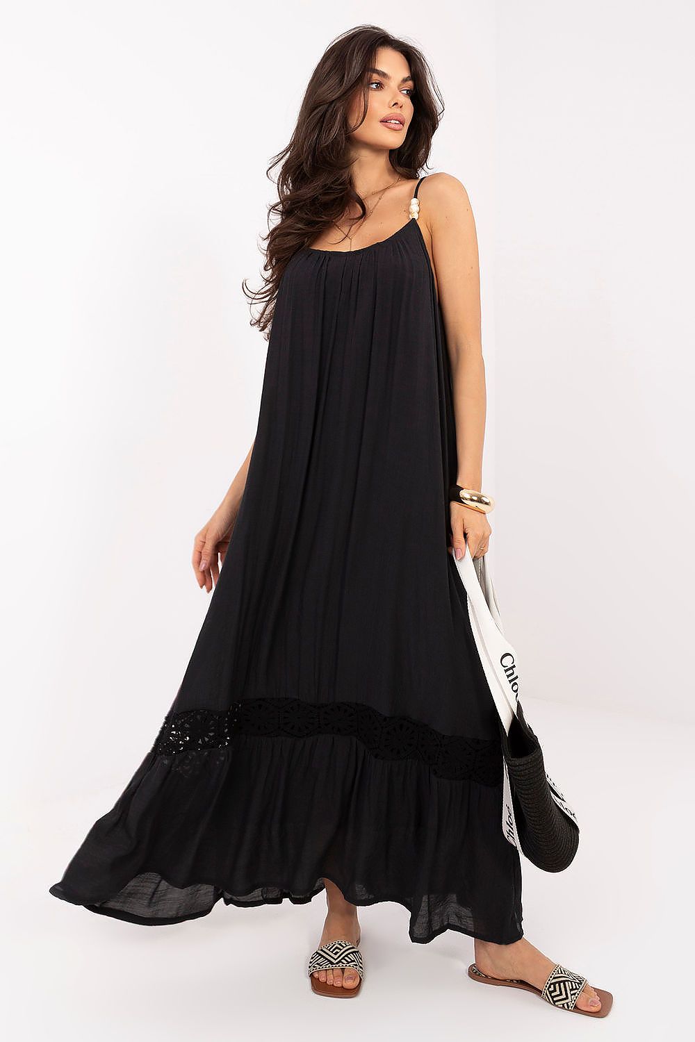 Boho Maxikleid Damen Träger Perlen Baumwolle Beige Schwarz
