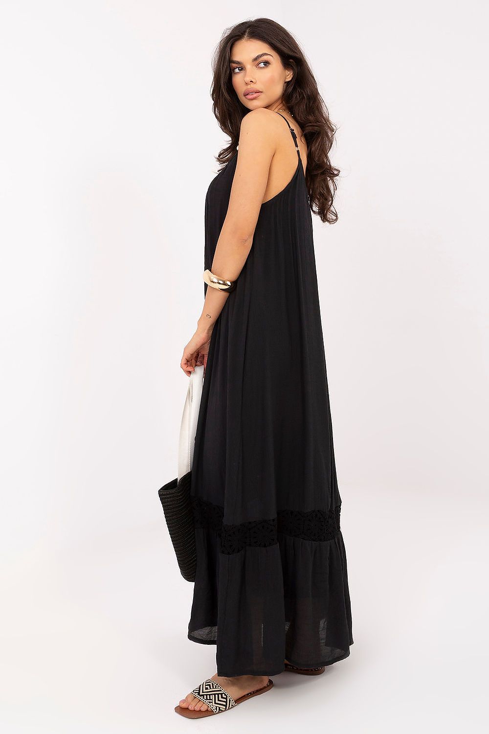 Boho Maxikleid Damen Träger Perlen Baumwolle Beige Schwarz