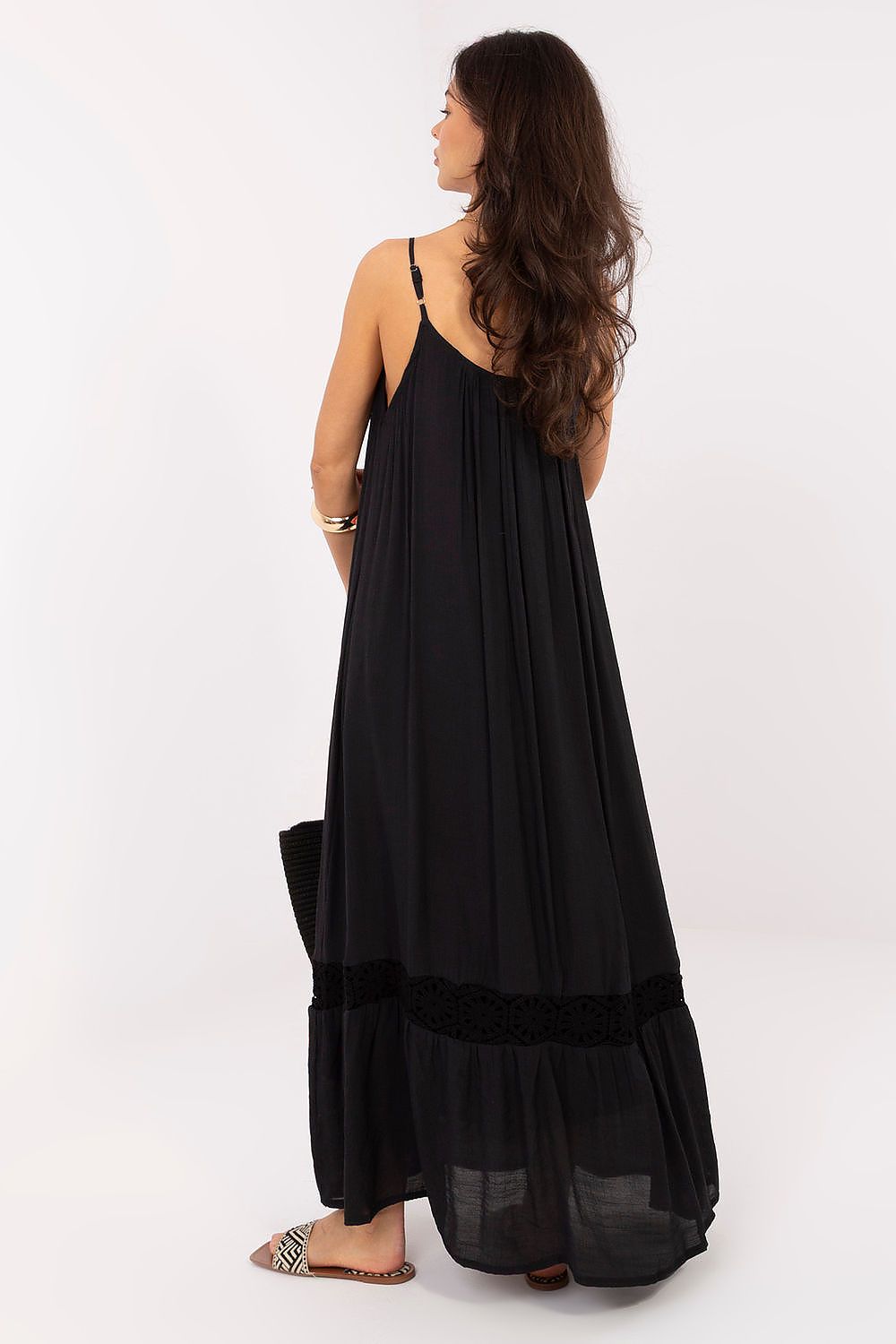 Boho Maxikleid Damen Träger Perlen Baumwolle Beige Schwarz