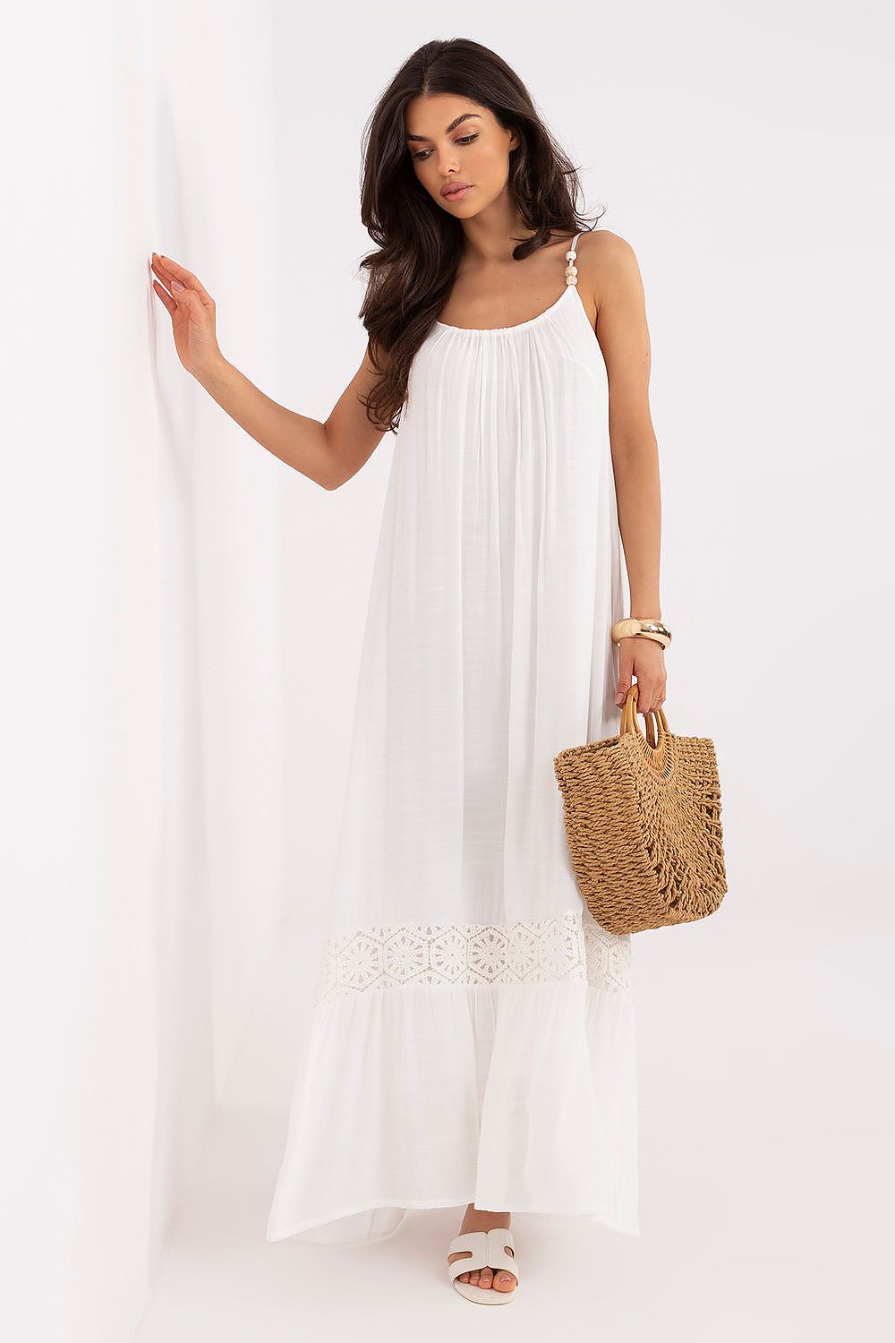 Boho Maxikleid Damen Träger Perlen Baumwolle Beige Schwarz