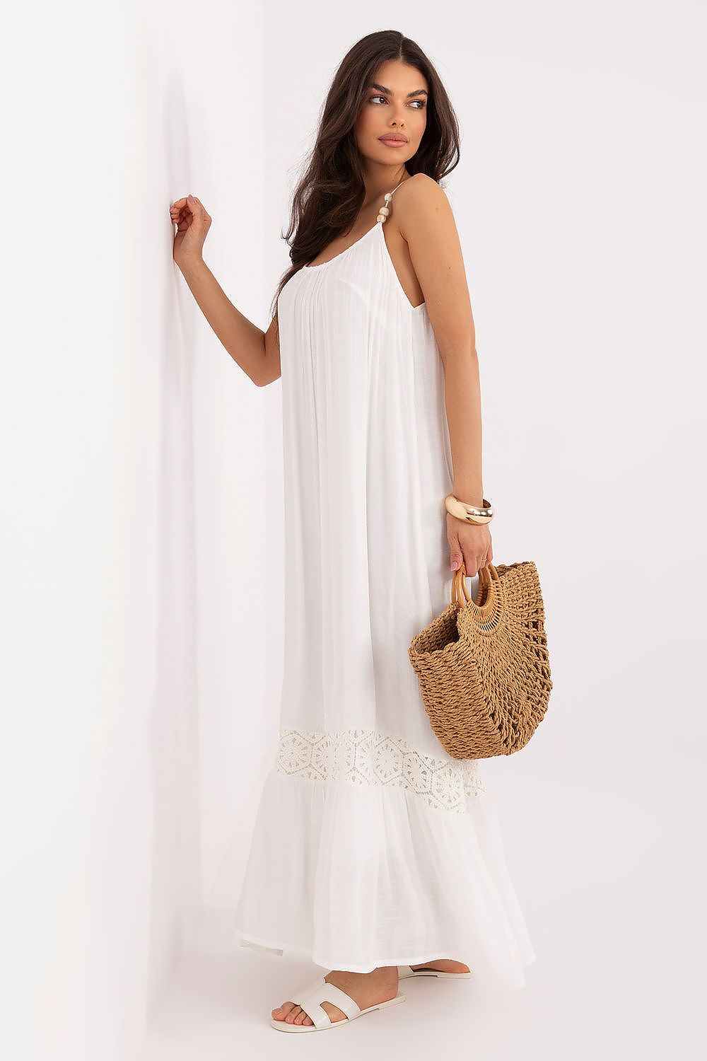 Boho Maxikleid Damen Träger Perlen Baumwolle Beige Schwarz