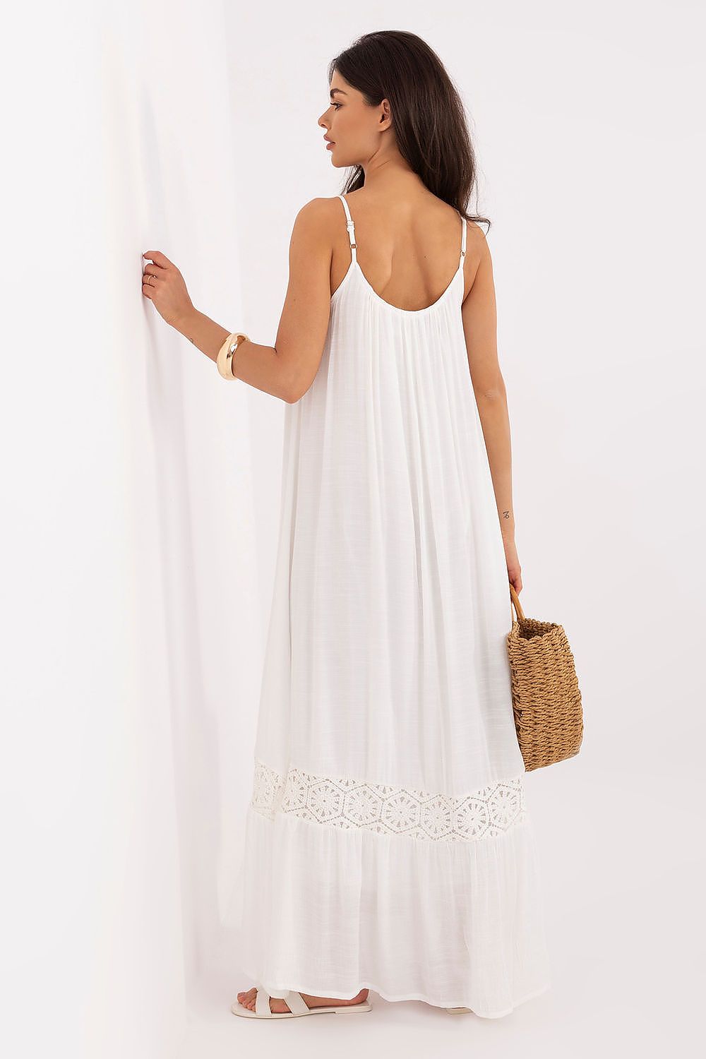 Boho Maxikleid Damen Träger Perlen Baumwolle Beige Schwarz