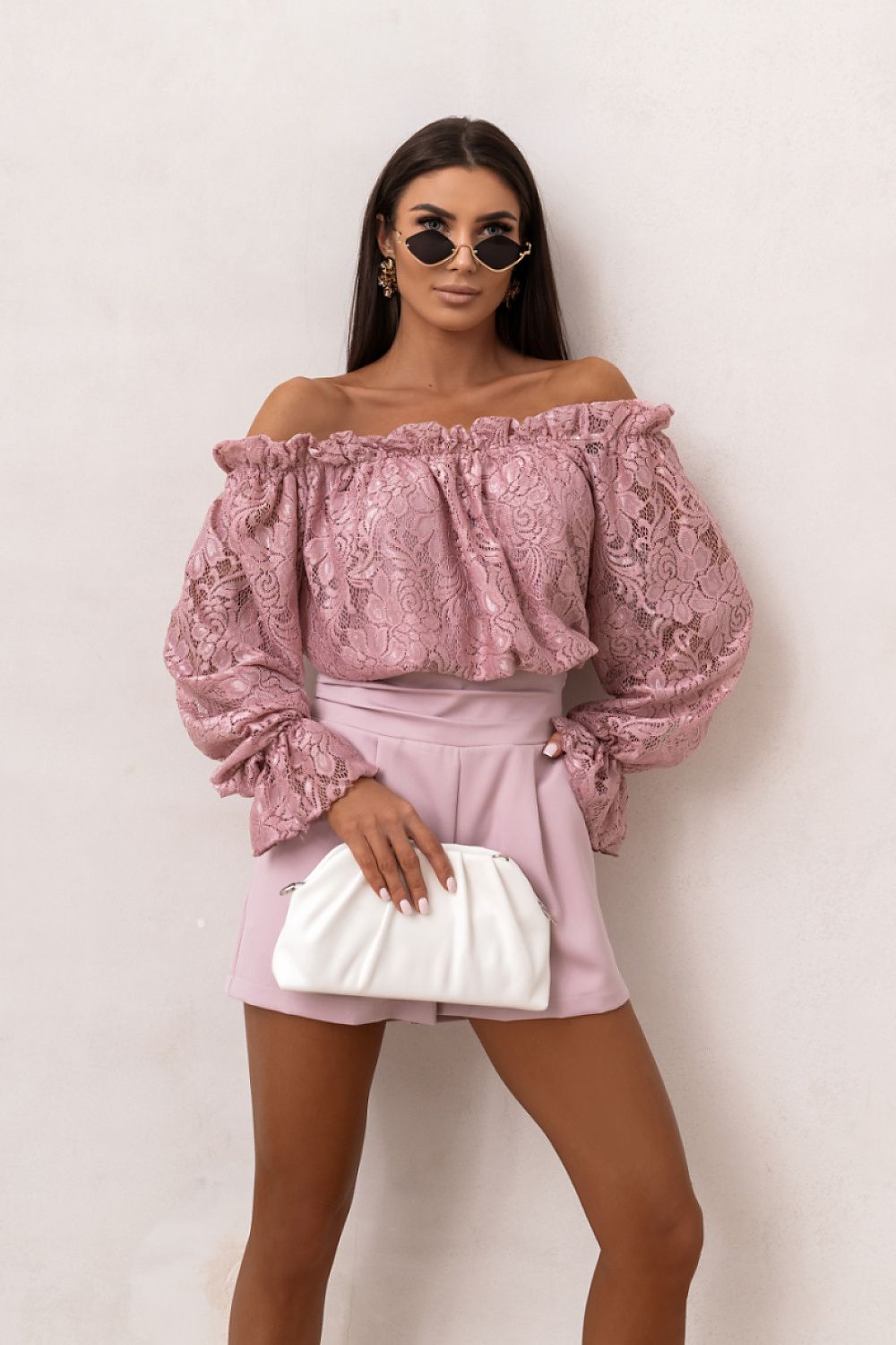 Blusenshirt Damen Viskose Spitze Spanischer Schnitt Beige Rosa Violett