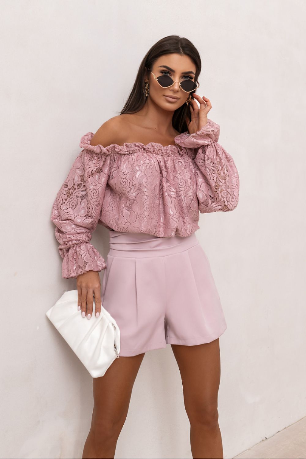 Blusenshirt Damen Viskose Spitze Spanischer Schnitt Beige Rosa Violett