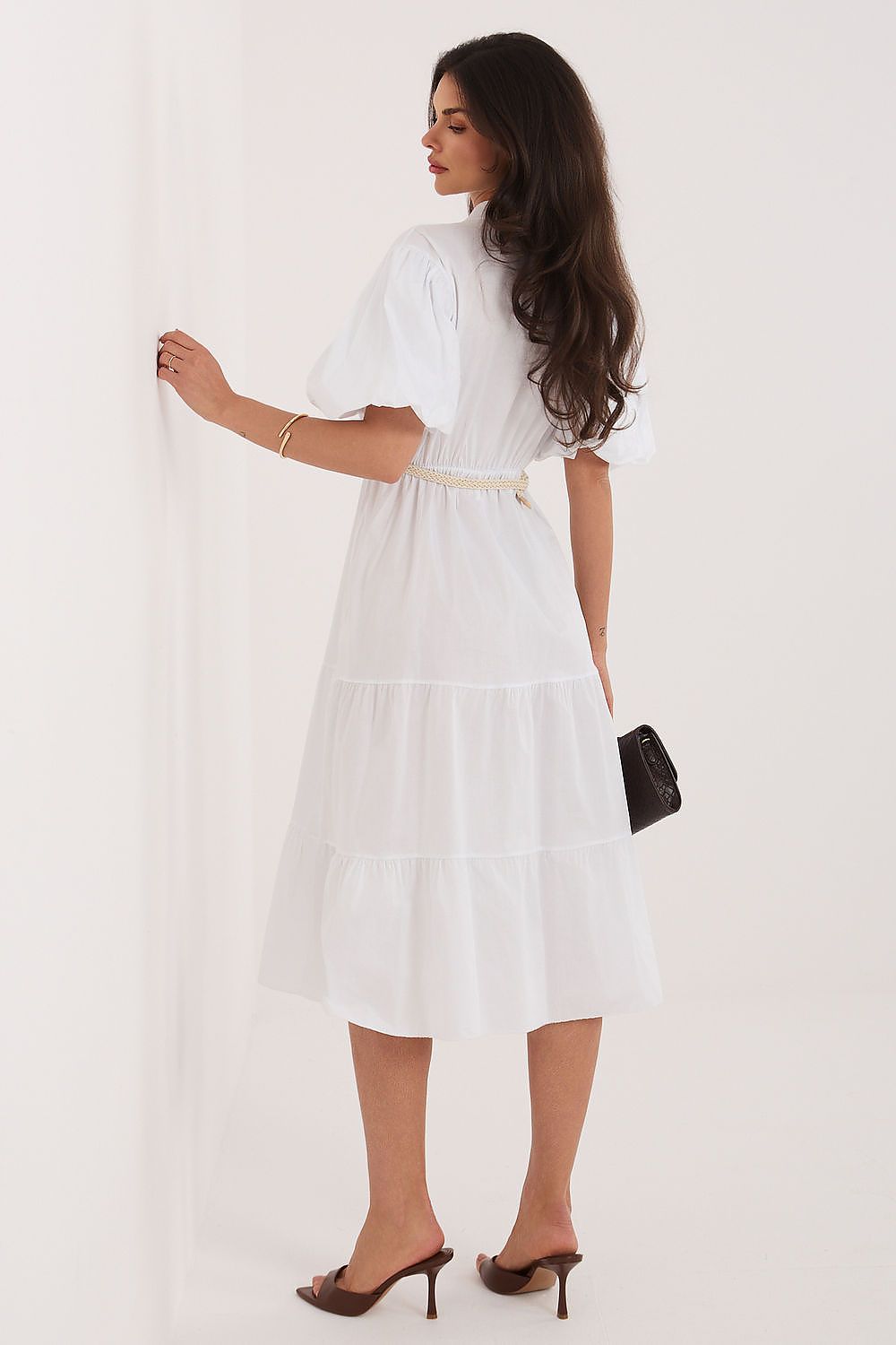 Sommerkleid Damen Knielang V-Ausschnitt Gürtel Volant Baumwolle