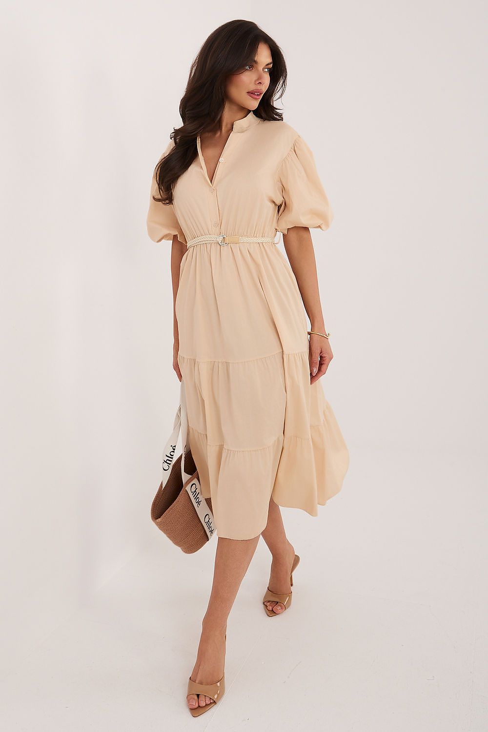 Sommerkleid Damen Knielang V-Ausschnitt Gürtel Volant Baumwolle