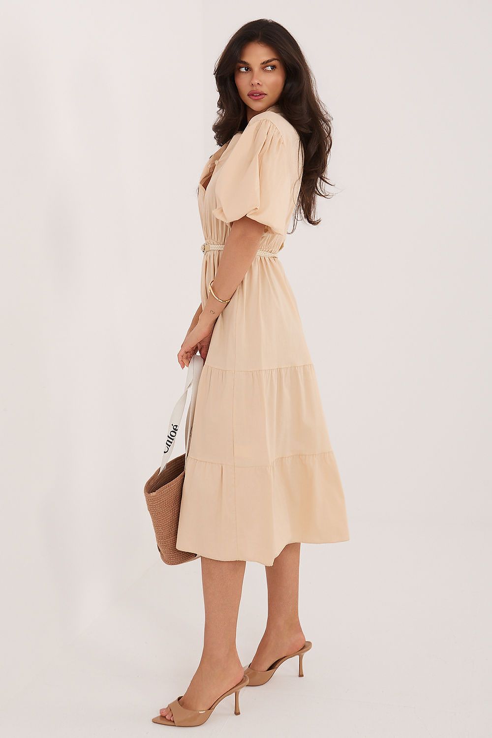 Sommerkleid Damen Knielang V-Ausschnitt Gürtel Volant Baumwolle