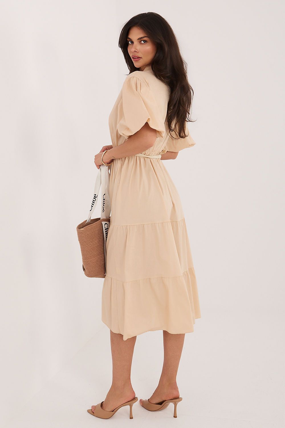 Sommerkleid Damen Knielang V-Ausschnitt Gürtel Volant Baumwolle