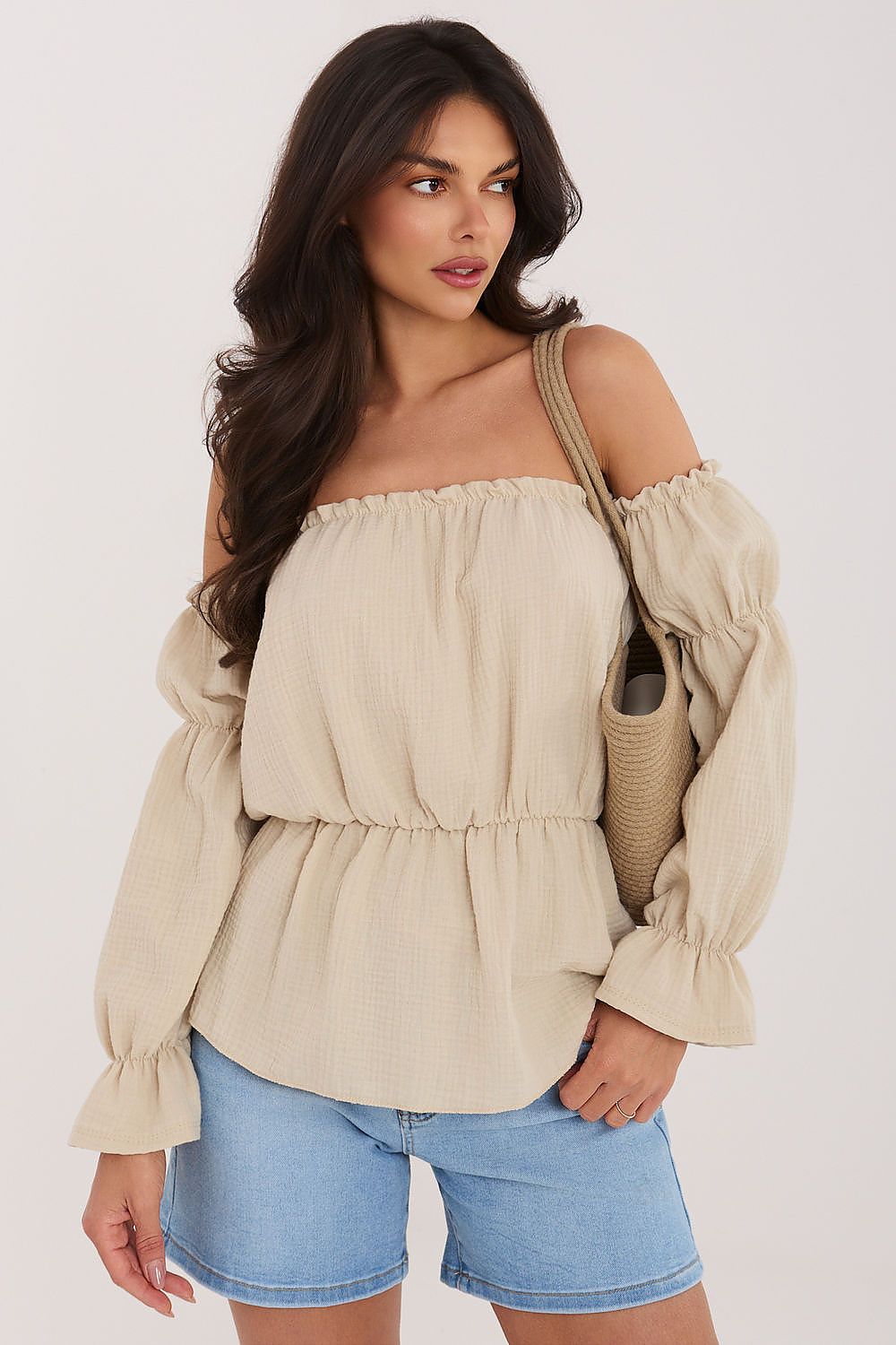 Carmen Bluse Damen Puffärmel Baumwolle Tailliert Sommerbluse
