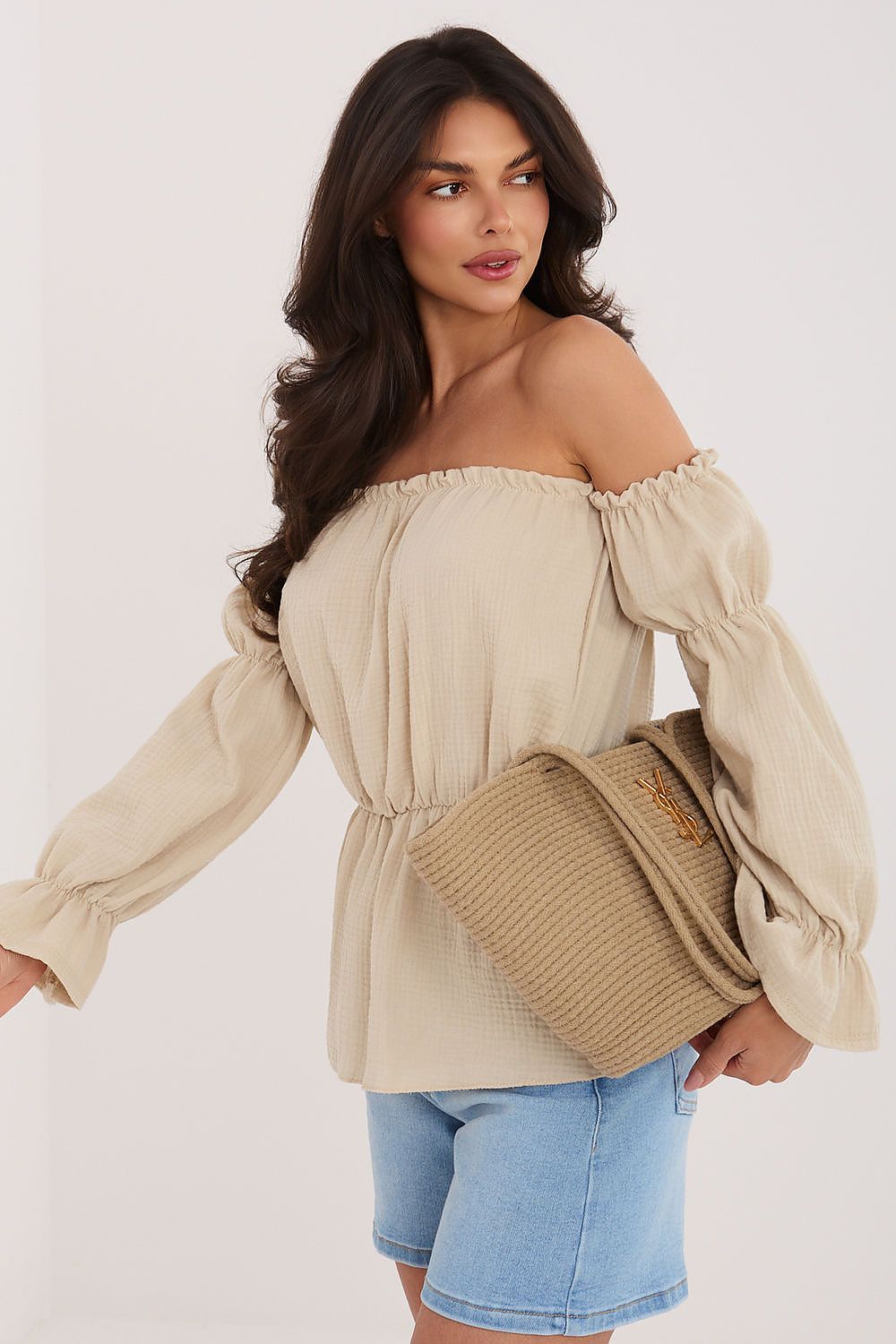 Carmen Bluse Damen Puffärmel Baumwolle Tailliert Sommerbluse