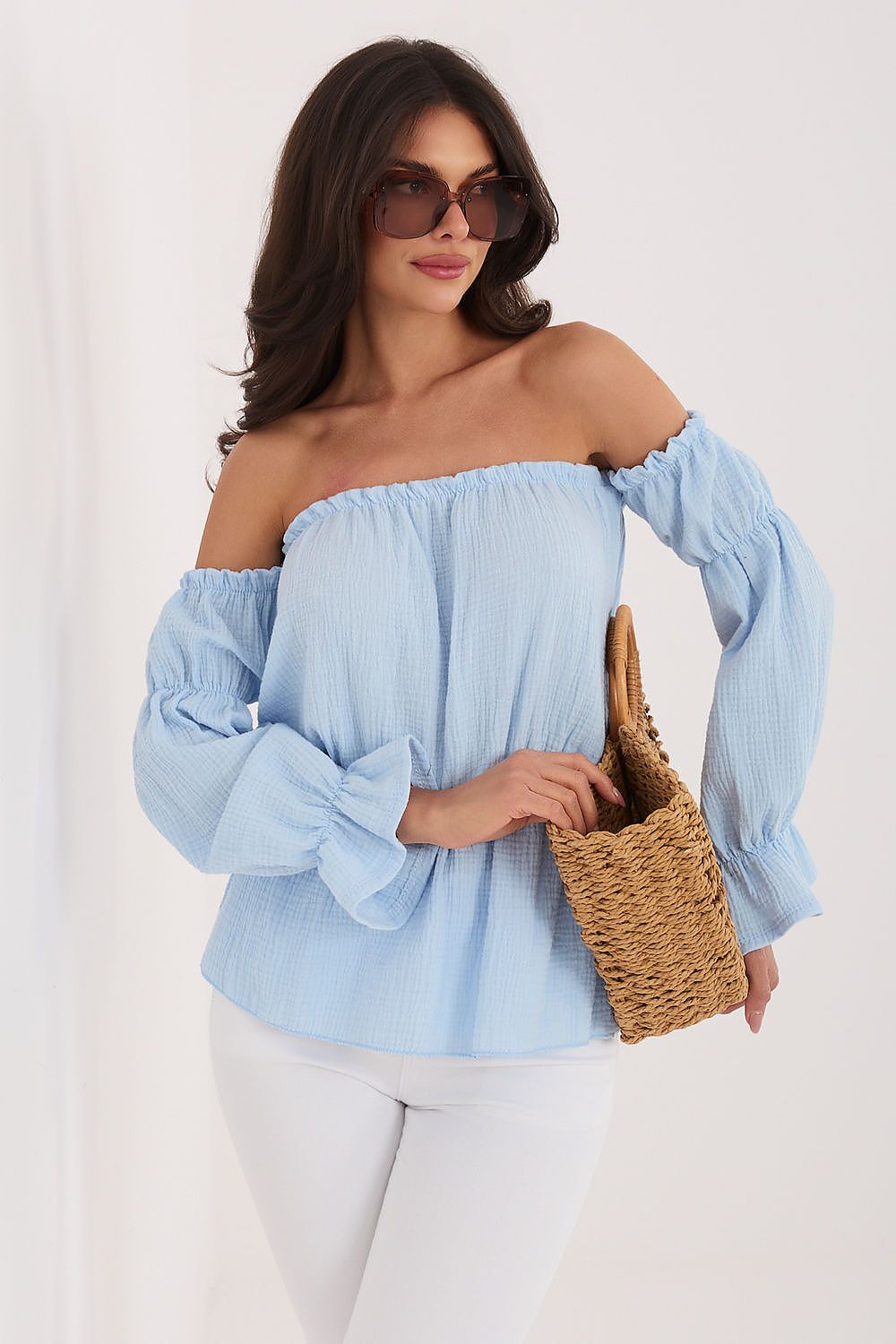 Carmen Bluse Damen Puffärmel Baumwolle Tailliert Sommerbluse