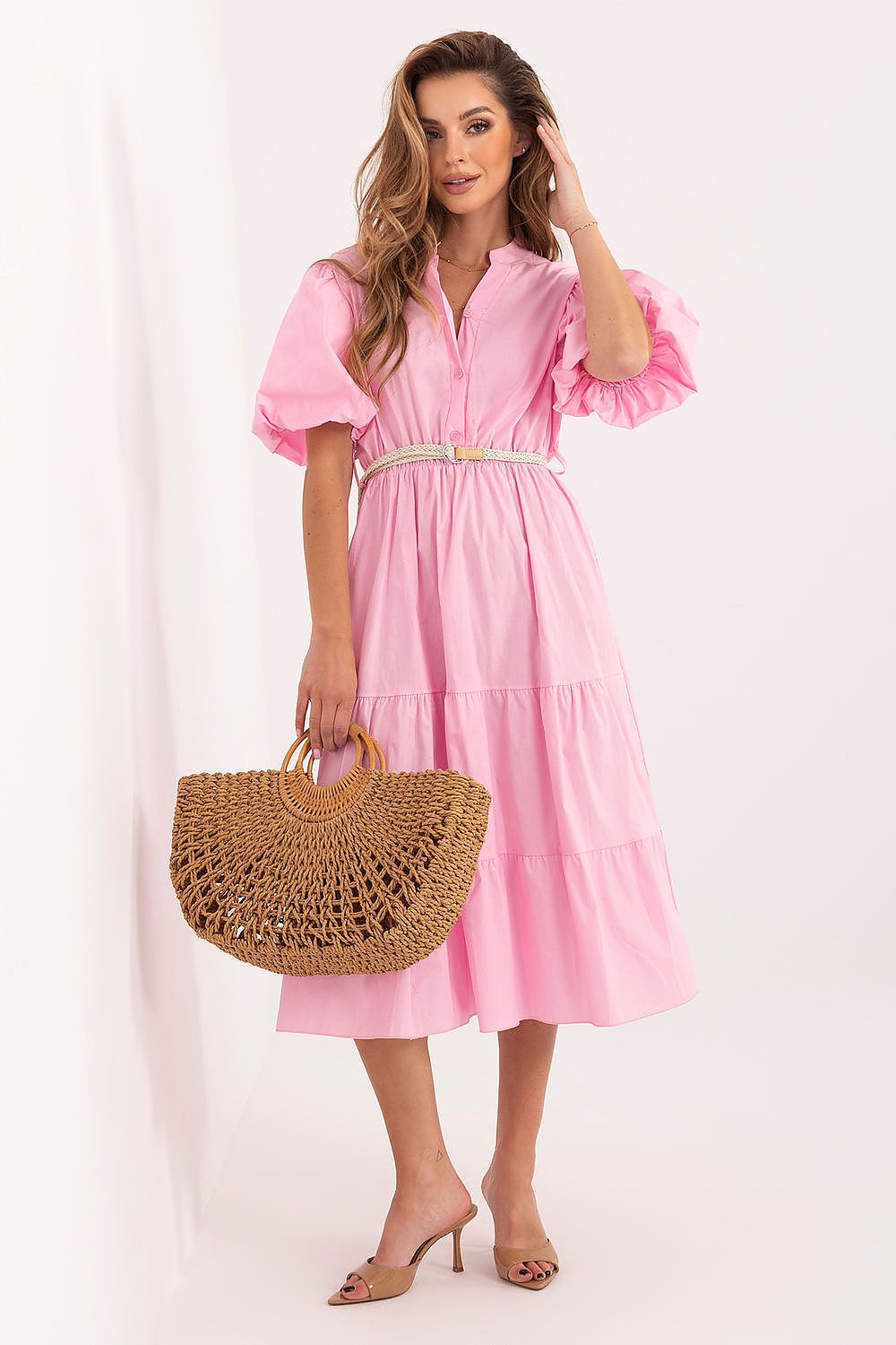 Sommerkleid Damen Knielang V-Ausschnitt Gürtel Volant Baumwolle