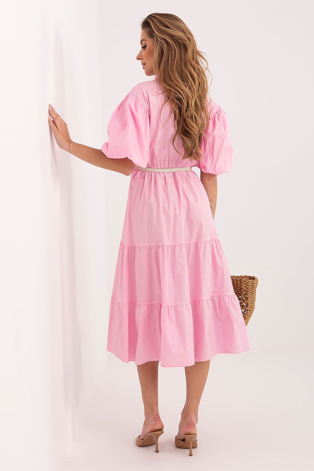 Sommerkleid Damen Knielang V-Ausschnitt Gürtel Volant Baumwolle