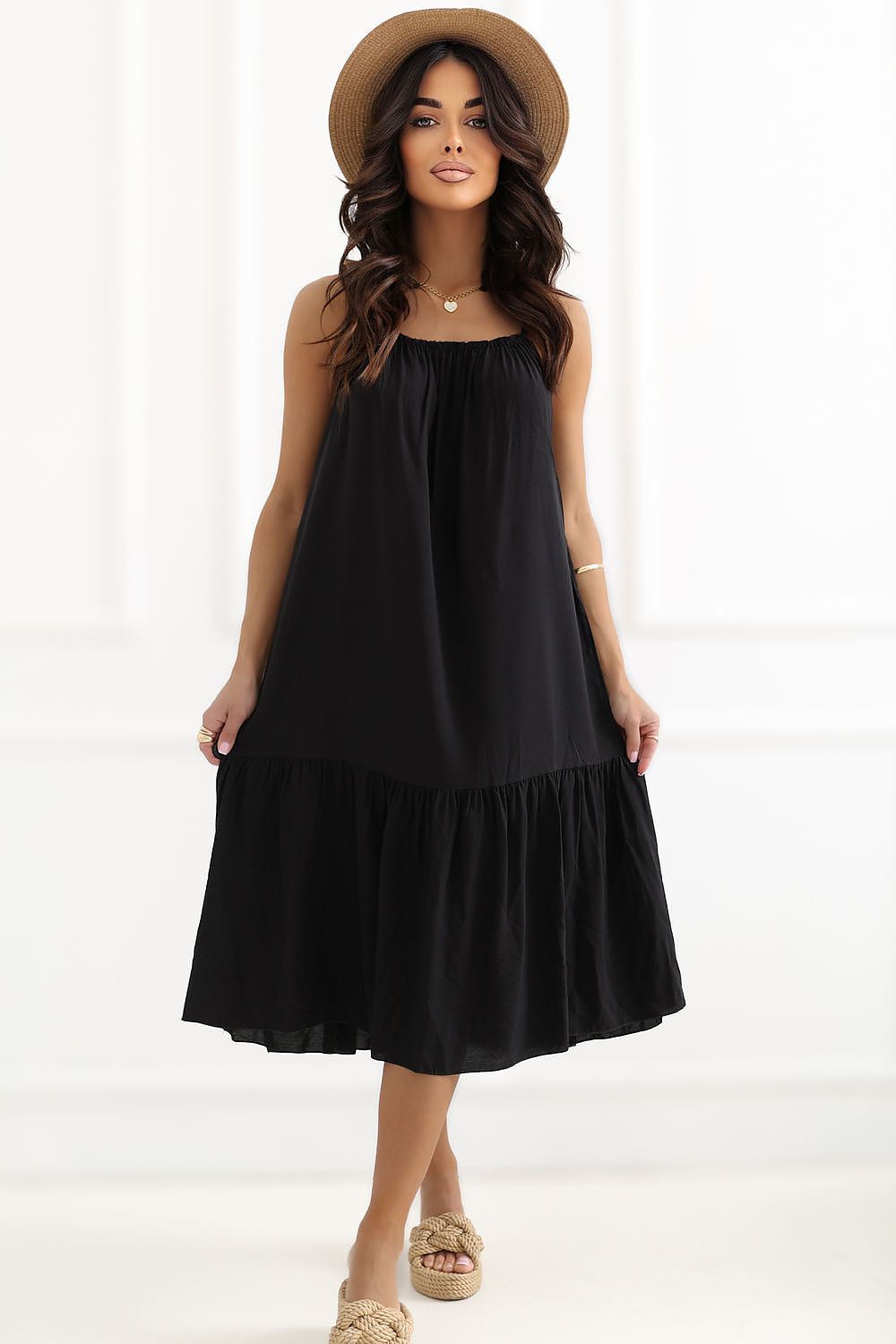 Sommerkleid Damen Ausgestellt Volant Träger Baumwolle Midi