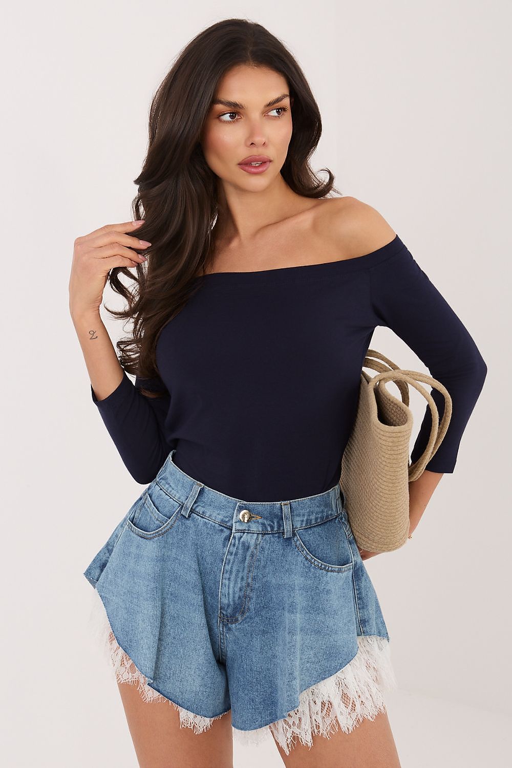 Jeansshorts Damen Spitzenbesatz Romantisch Blau S-L