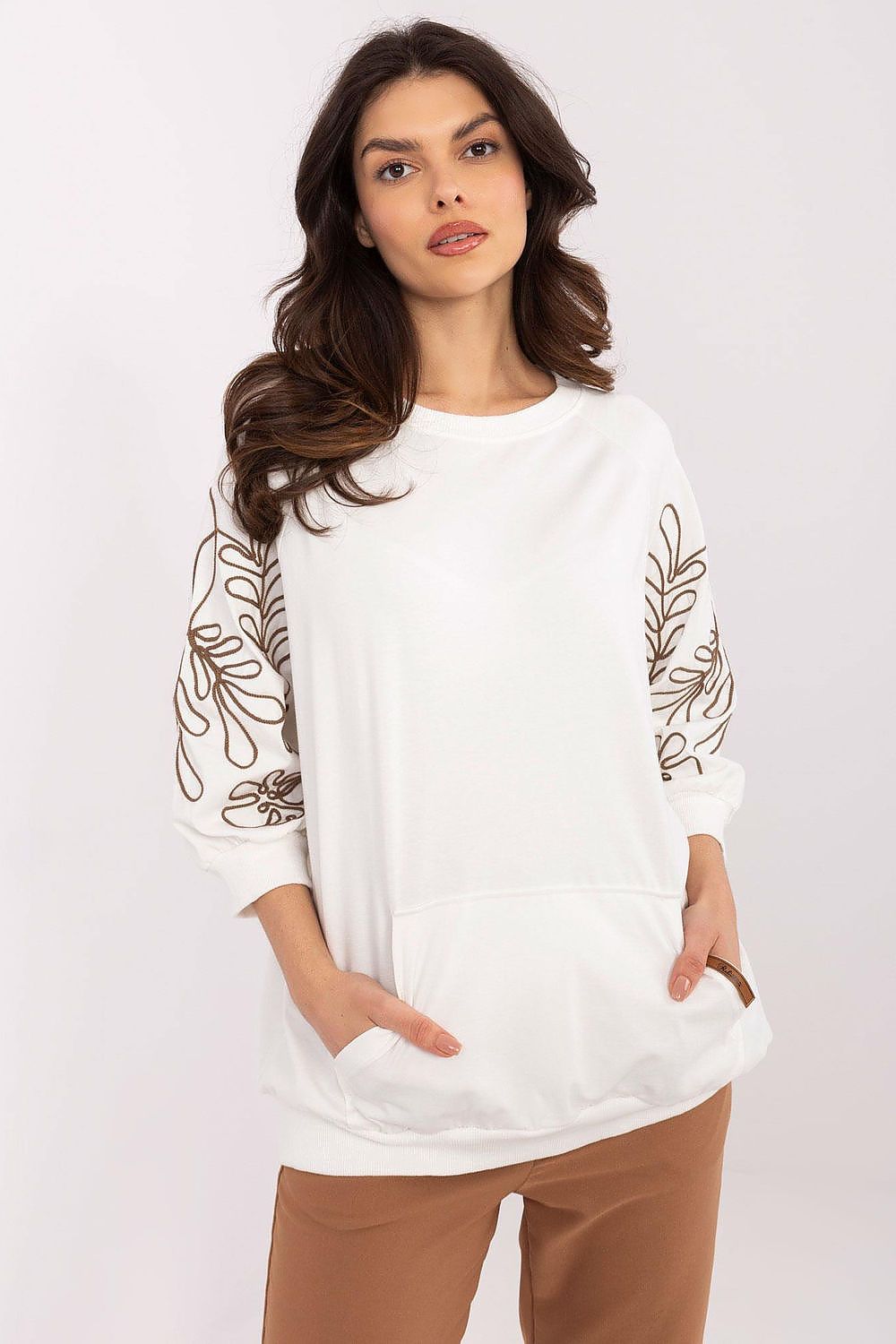 Sweatshirt Damen Kängurutasche Stickerei 3/4 Arm