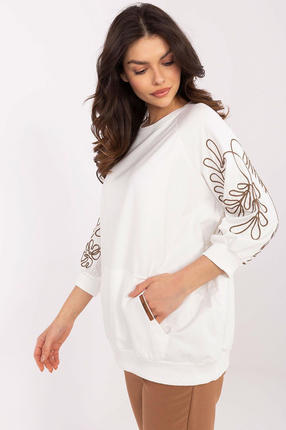 Sweatshirt Damen Kängurutasche Stickerei 3/4 Arm