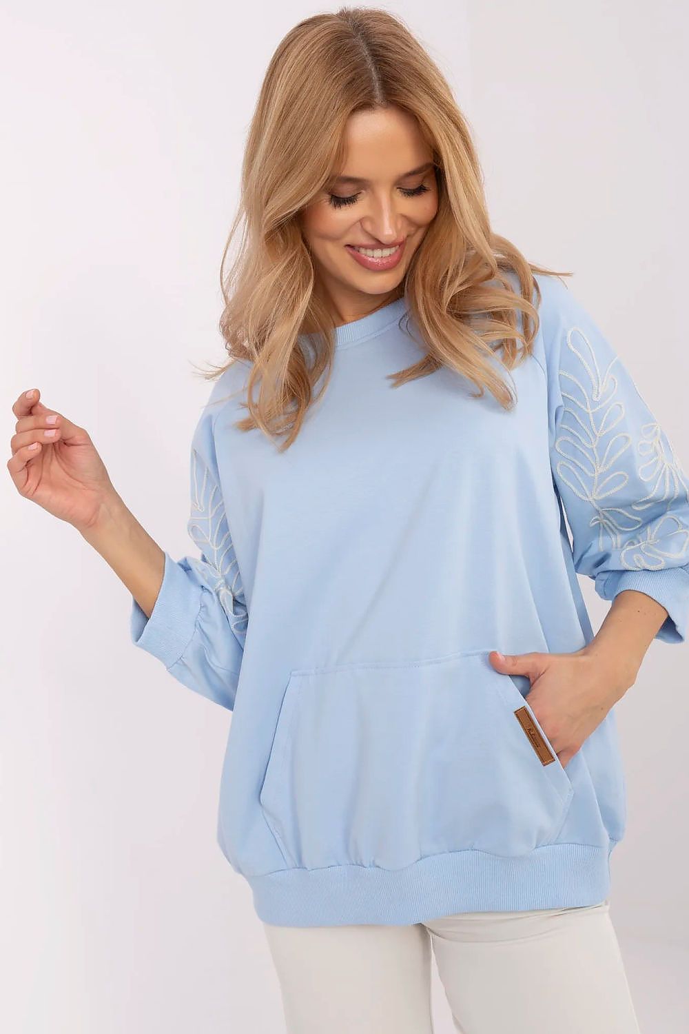 Sweatshirt Damen Kängurutasche Stickerei 3/4 Arm