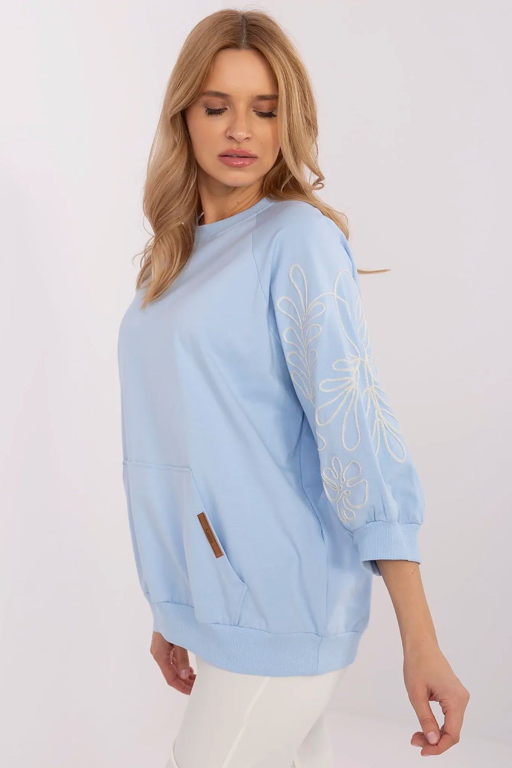 Sweatshirt Damen Kängurutasche Stickerei 3/4 Arm