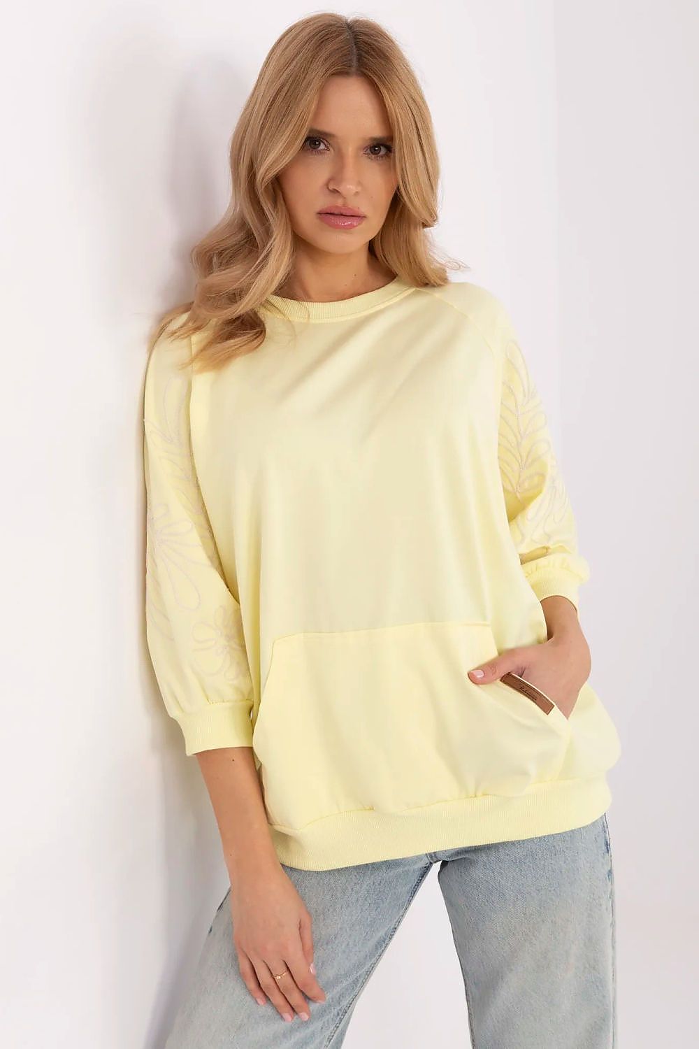 Sweatshirt Damen Kängurutasche Stickerei 3/4 Arm