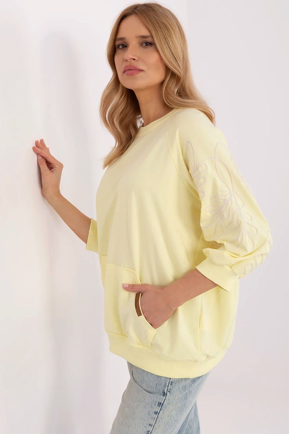Sweatshirt Damen Kängurutasche Stickerei 3/4 Arm