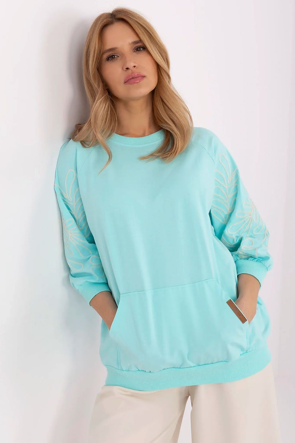 Sweatshirt Damen Kängurutasche Stickerei 3/4 Arm