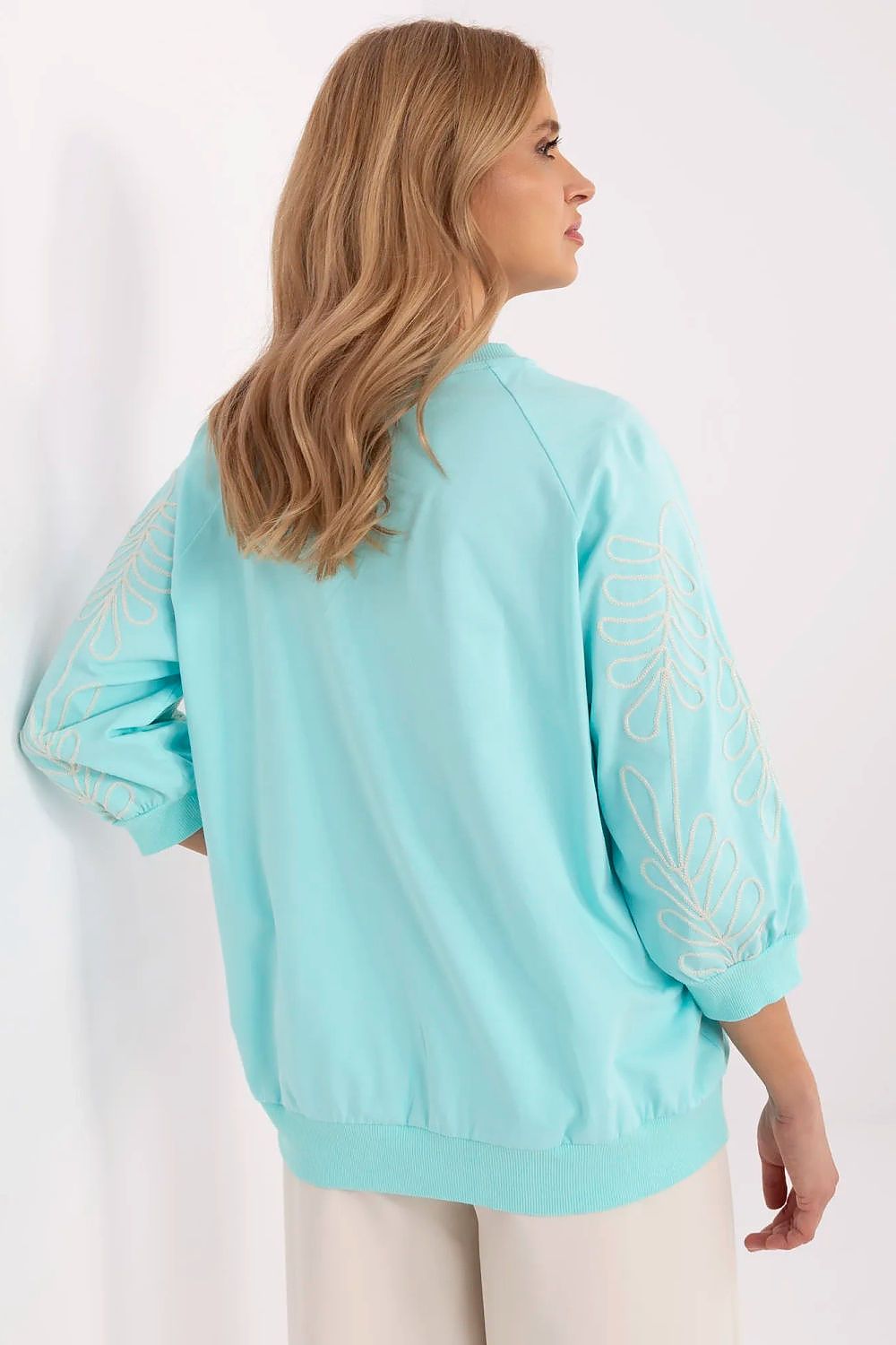 Sweatshirt Damen Kängurutasche Stickerei 3/4 Arm