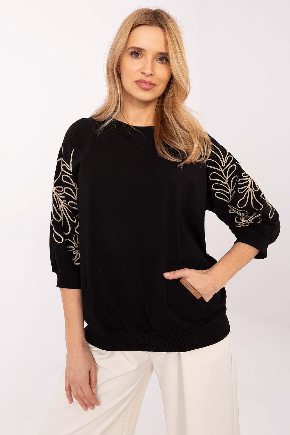 Sweatshirt Damen Kängurutasche Stickerei 3/4 Arm