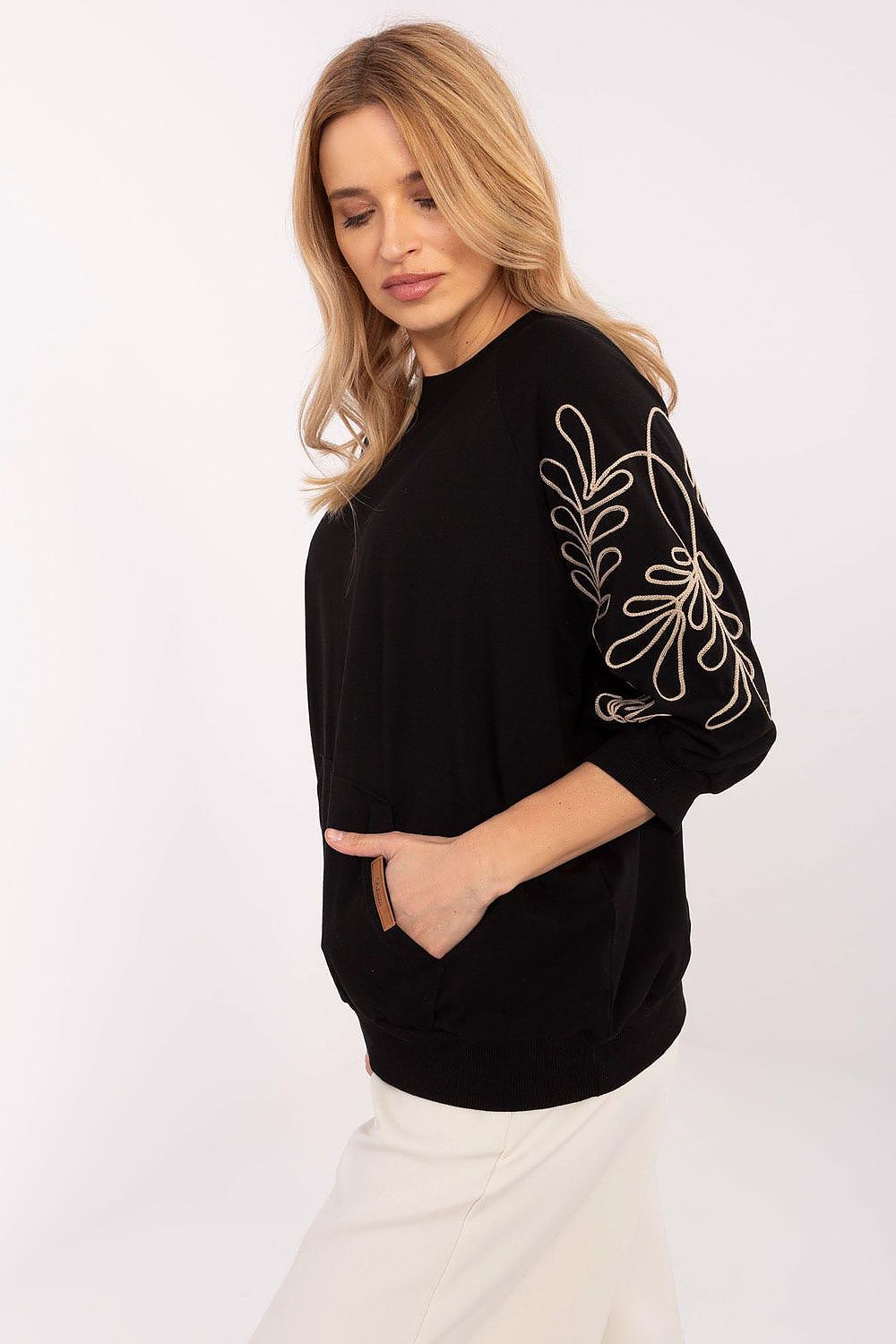 Sweatshirt Damen Kängurutasche Stickerei 3/4 Arm